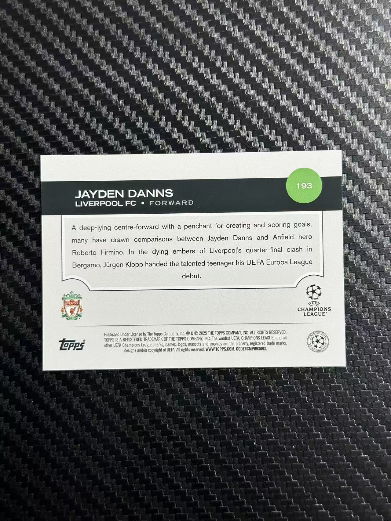 2025 Topps UCC jayden danns RC 欧战 银折 利物浦 新秀 RC 杰登 丹斯 变化版 卡品如图 拍前看描述