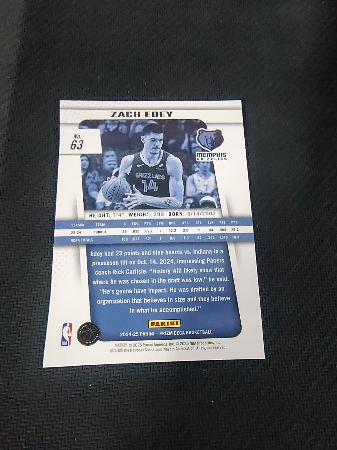 【可合并,不累计】2024-25 Panini Prizm Zach Edey PZ deca 复刻 扎克 埃迪 周志豪 灰熊 新秀 rc 划痕 边角瑕疵 #63