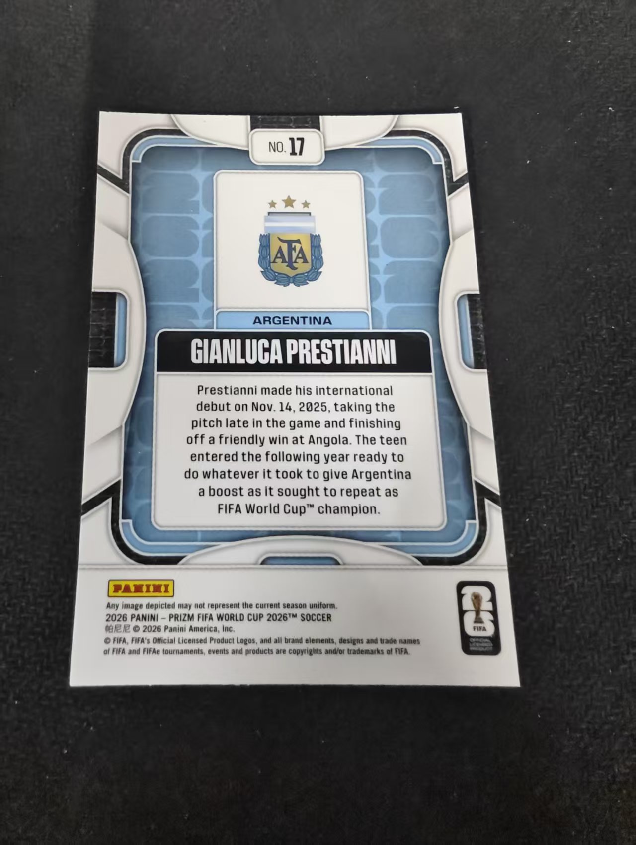 2026 Panini World Cup Prizm Gianluca Prestianni 阿根廷 普雷斯蒂安尼 PZ世界杯 划痕 边角瑕疵#17