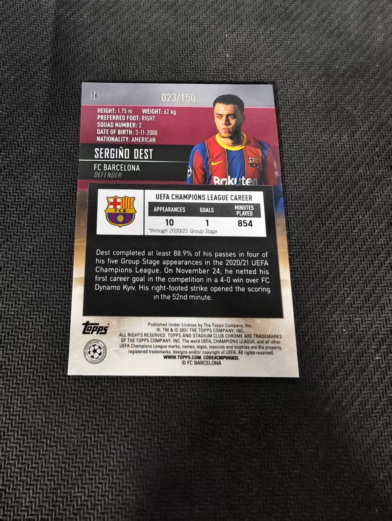 【可合并,不累计】2021 Topps Stadium Club Chrome Sergino Dest 竞技场 德斯特 /150编 绿闪电折 折射 巴塞罗那 欧冠