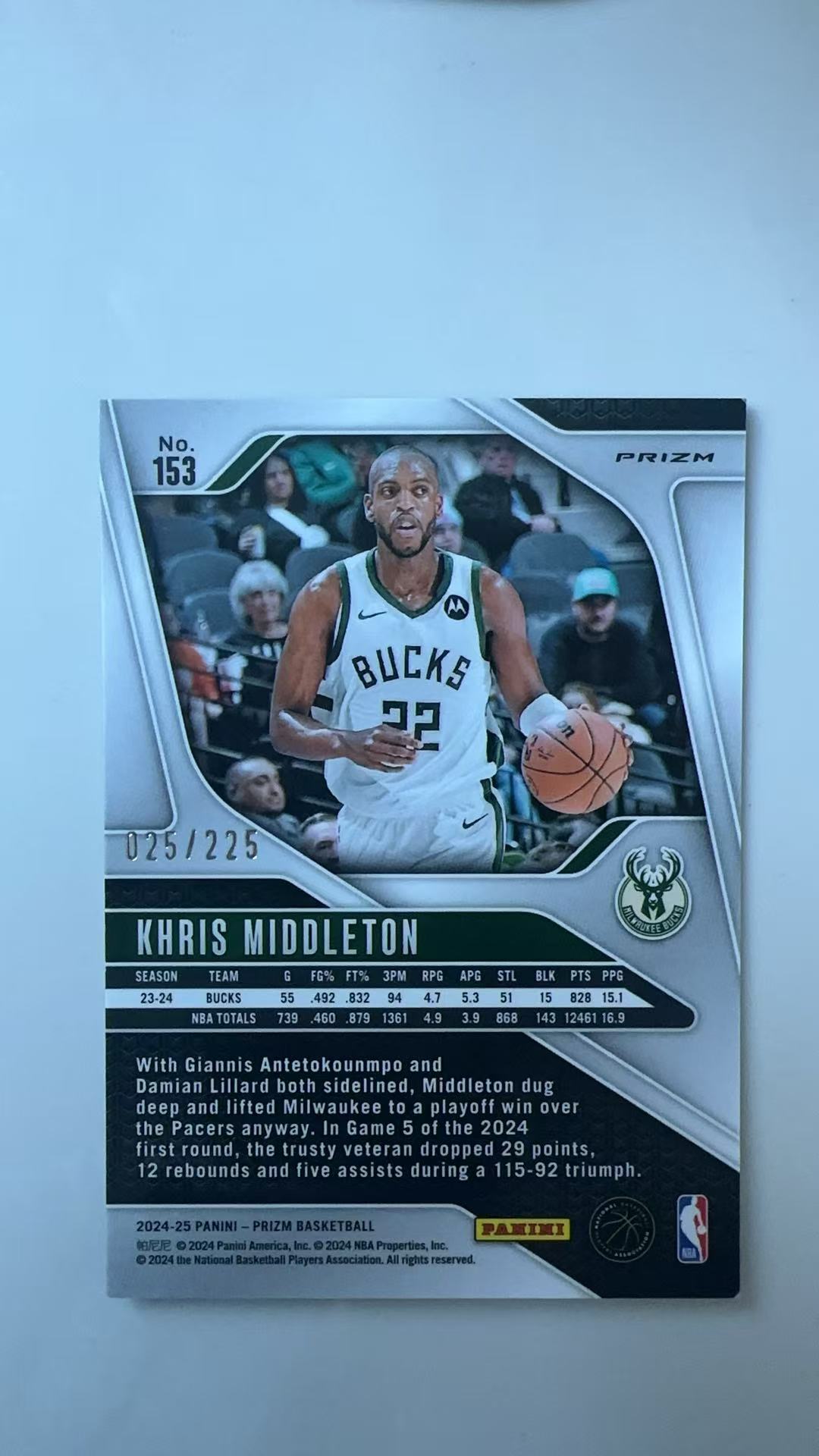 2024-25 Panini Prizm Khris Middleton #153克里斯 米德尔顿 青碎冰折 225编 雄鹿 卡品如图