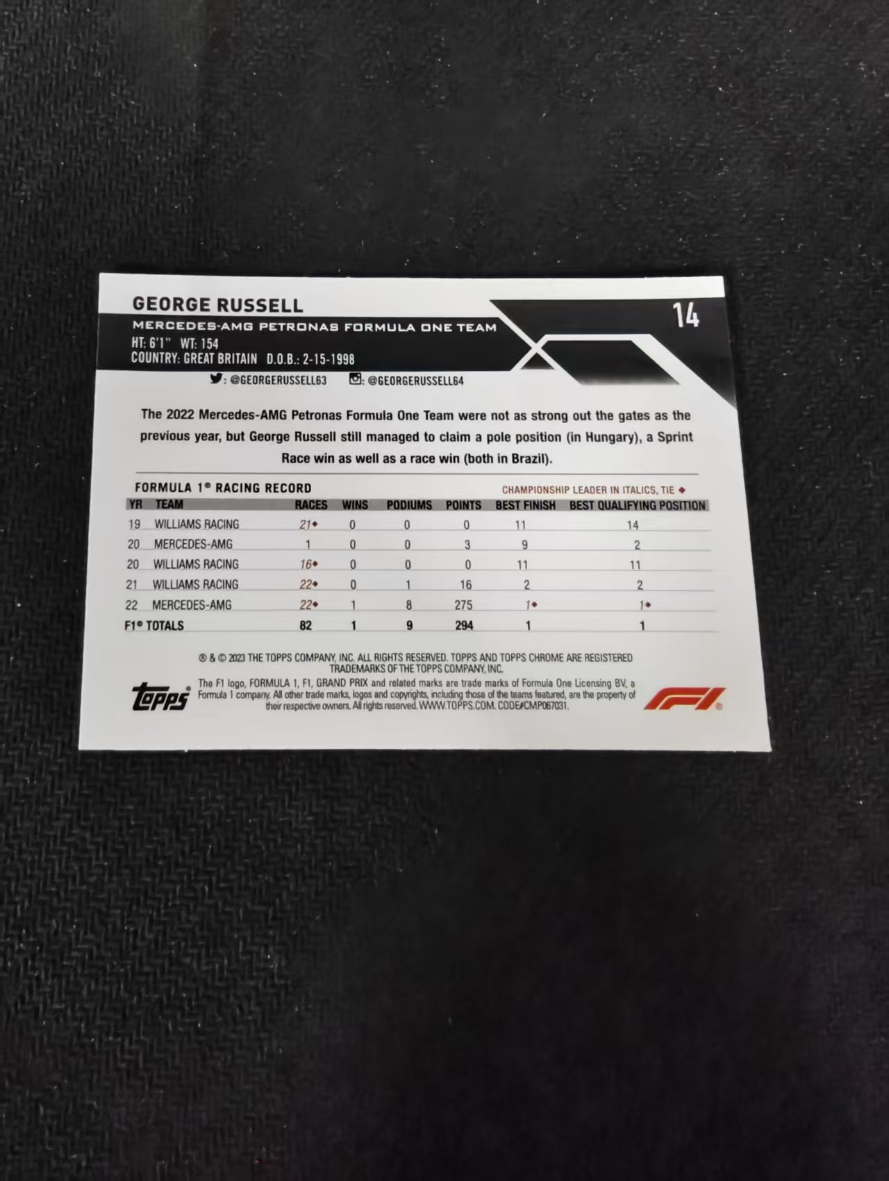 2023 Topps Chrome F1 George Russell 乔治 拉塞尔 梅赛德斯车队 划痕 边角瑕疵 #14