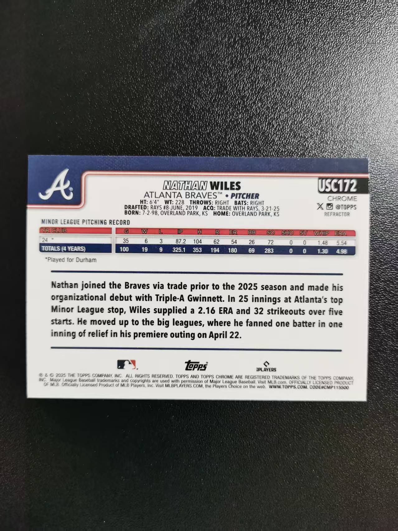 2025 Topps Chrome Nathan Wiles 纳森怀尔斯 新秀RC TC棒球 MLB 折射 收藏凑套 卡品如图 免费代拍XS18