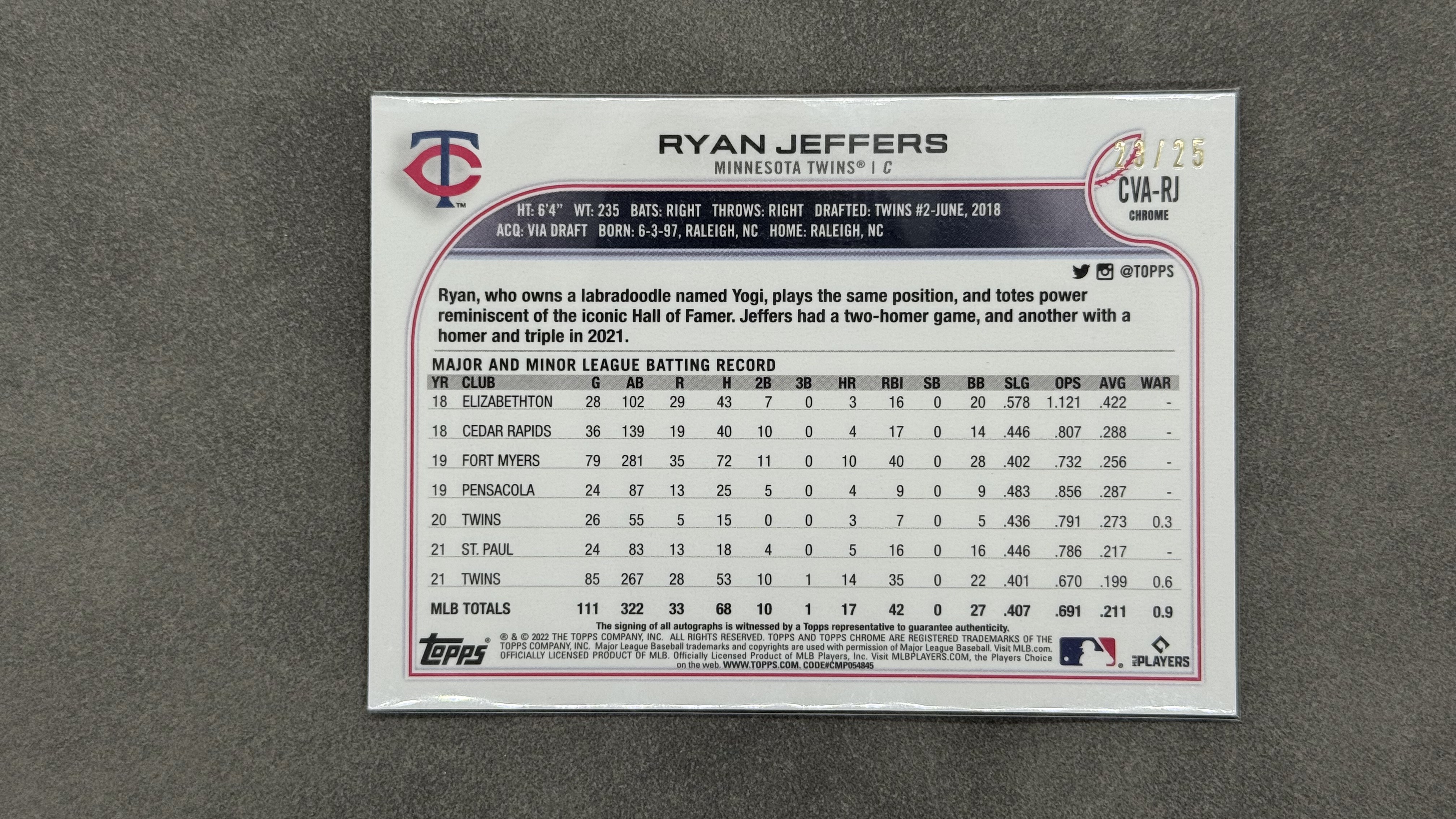 2022 Topps Chrome Ryan Jeffers #CVA-RJ 双城队队 莱恩 杰佛斯 捕手 签字 墨迹完美 橙色折 低编 限量/25编 实卡好看 值得收藏 卡品如图