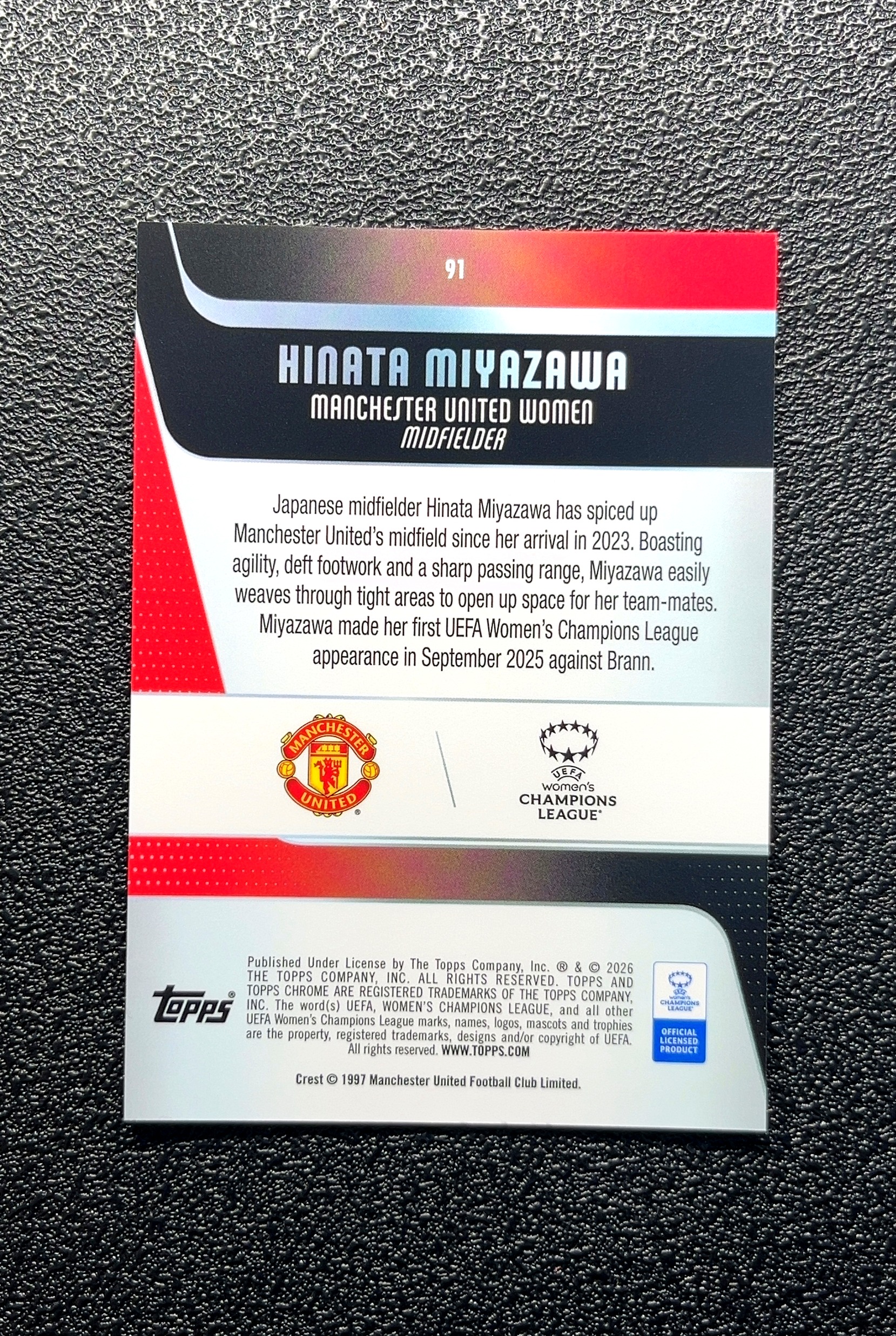【小白1%代卖】2026 Topps Chrome Hinata Miyazawa 宫泽日向 卡品如图 高价值 #91 Manchester United Women 曼联女足 0014#352