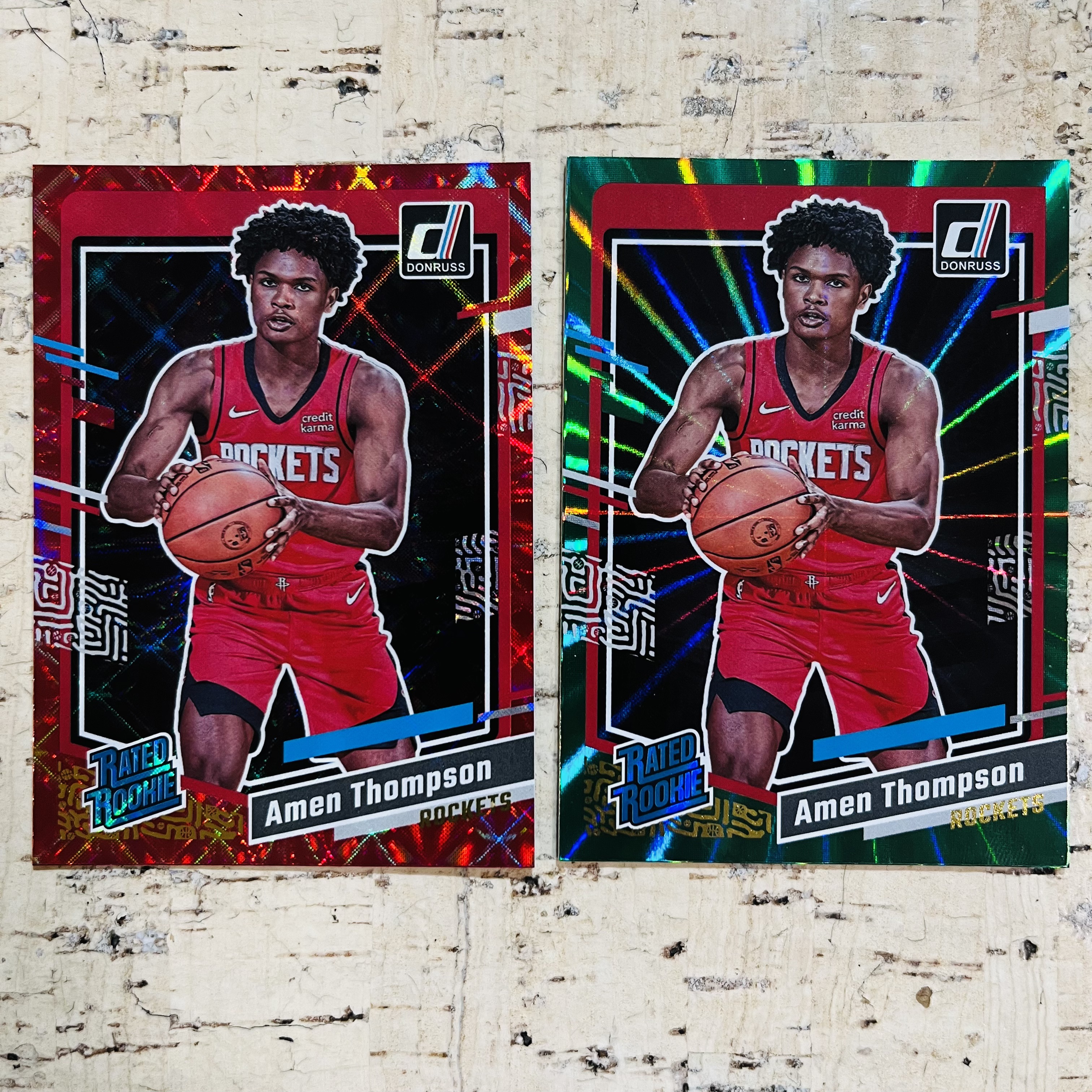 2023-24 Panini Donruss Amen Thompson RC 杜蕾斯 新秀 火箭 阿门 汤普森 红镭射折 绿佛光折 2张打包 凑彩虹必备 绿佛光背面左下角微白见图三【小卡迷拍卖】