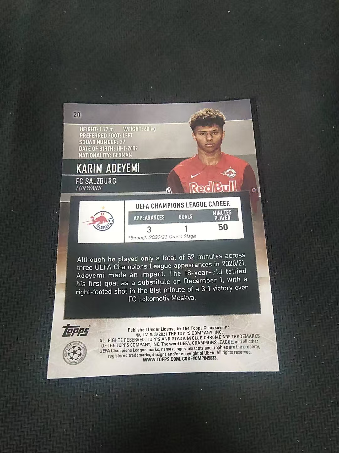【可合并,不累计】2021 Topps Stadium Club Chrome Karim Adeyemi RC 阿德耶米 新秀 竞技场 欧冠 划痕 边角瑕疵 #20