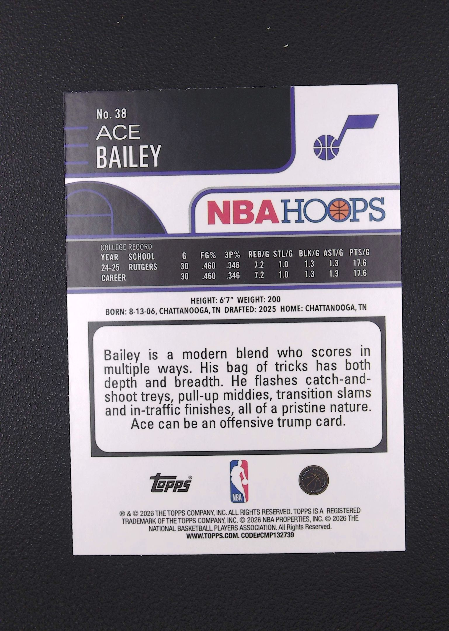 2026 Topps Hoops Ace Bailey RC 艾斯 贝利 新秀 光线折 爵士【Big M 代拍】 AQ888