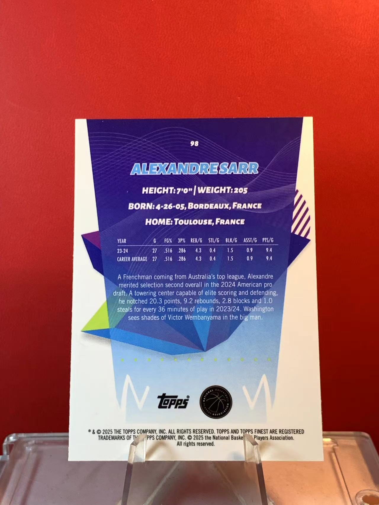 (詹叔代拍) 2024-25 Topps Finest Alexandre Sarr 华盛顿奇才 亚历山大 萨尔 新秀 RC 068/150编 顺丰寄付 泰山