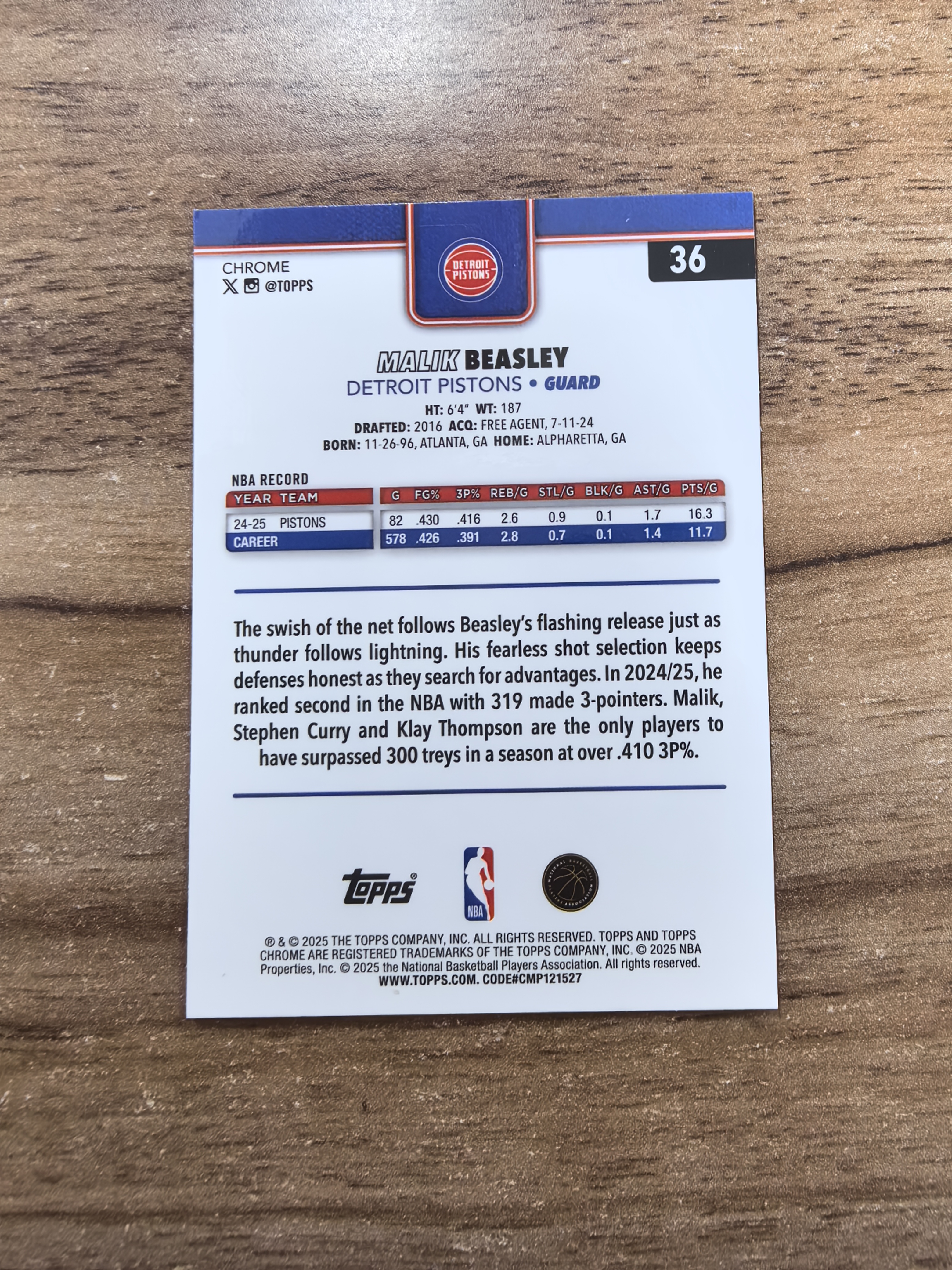 2025 Topps Chrome Malik Beasley 活塞 马里克比斯利 080/150编 蓝折 折射 微瑕 实卡精美 卡品如图 收藏必入 七哥