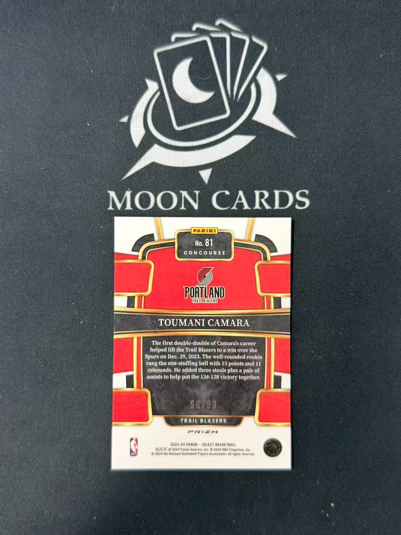 【梦卡拍卖】2023-24 Panini select Toumani Camara 新秀rc 卡马拉 开拓者 /99编 紫碎冰折 细节如图 #DD# A99