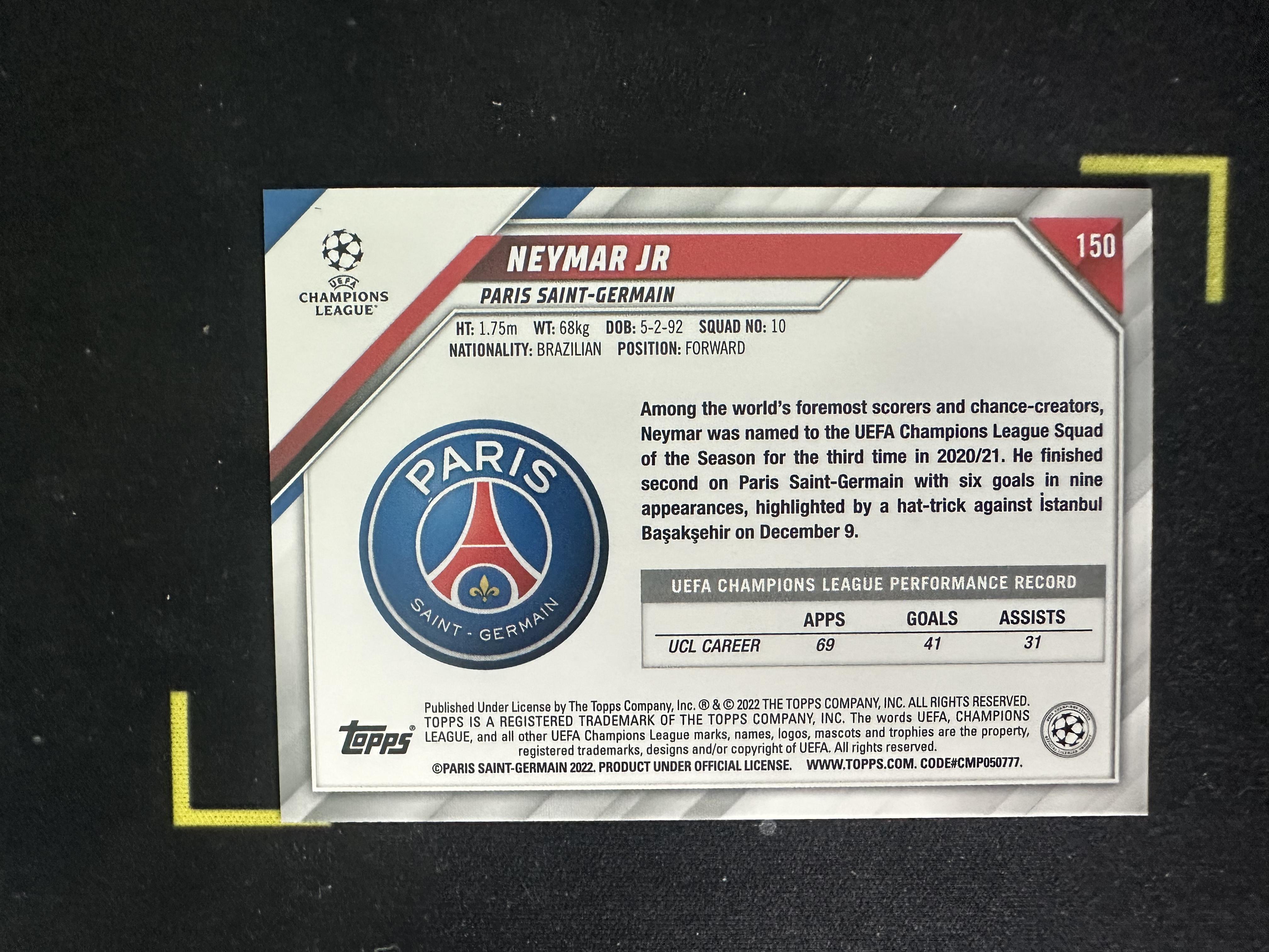 2022 Topps UEFA Champions League Neymar Jr 欧冠 UCC 碧玉 巴黎圣日耳曼 内马尔 折射