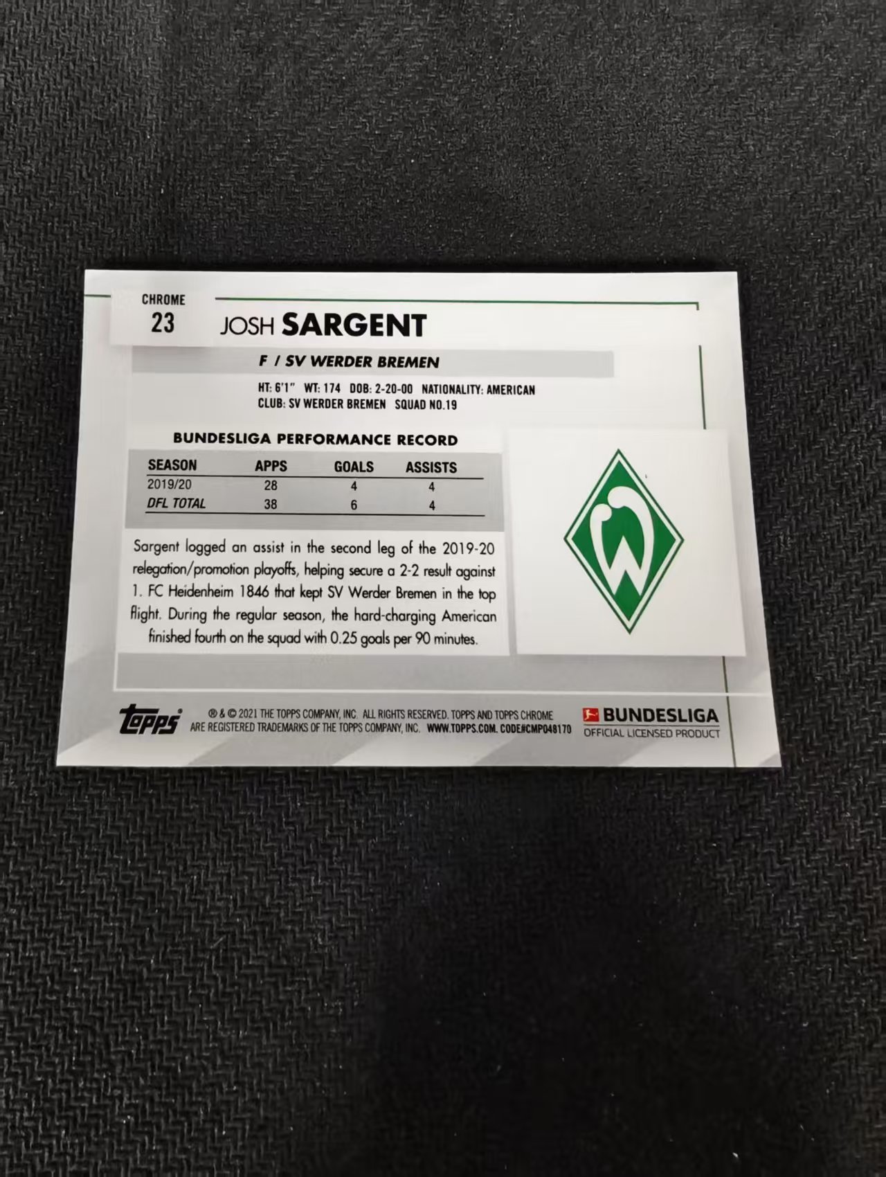 【可合并,不累计】2021 Topps Chrome Josh Sargent 蓝宝石 德甲 TC 蓝宝石 德甲 萨金特 云达不来梅 #23 划痕 边角瑕疵