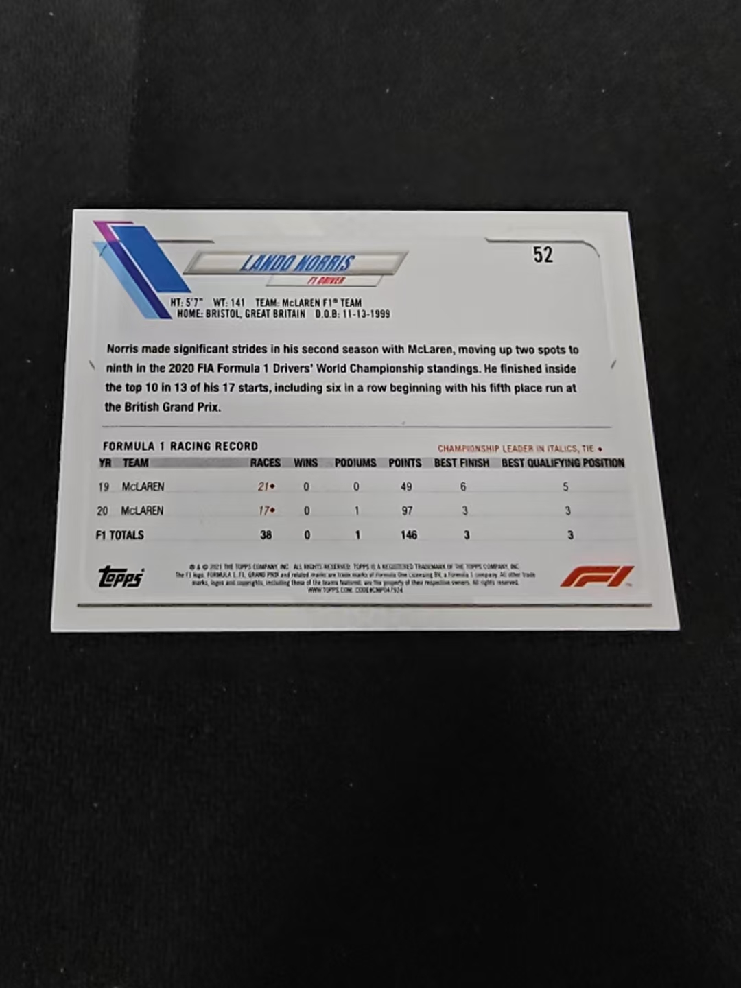 2021 TOPPS CHROME LANDO NORRIS F1 赛车 迈凯伦车队 兰多诺里斯 划痕 边角瑕疵 @52