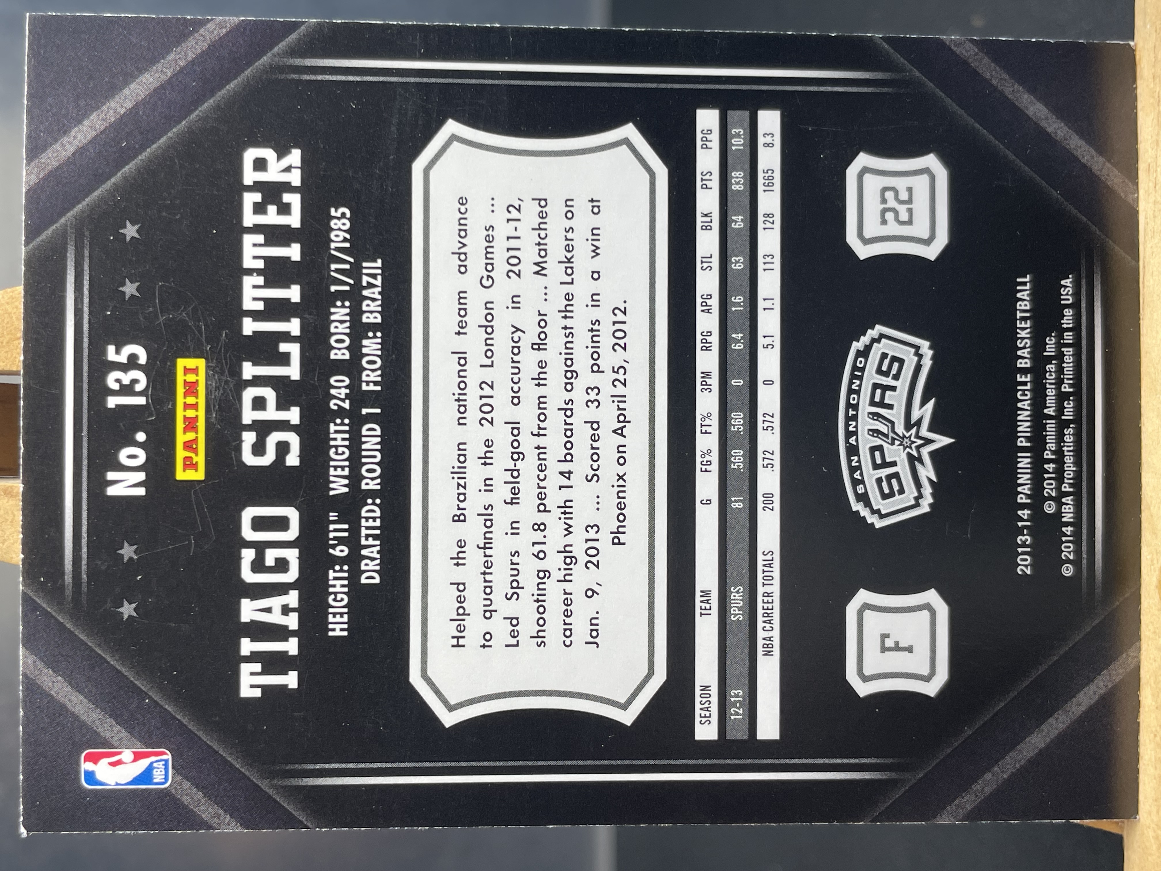 (B4) 2013-14 PANINI 老卡 蒂亚戈 斯普利特 马刺 实卡好看 收藏凑套必备 卡面老化边暇 !!!