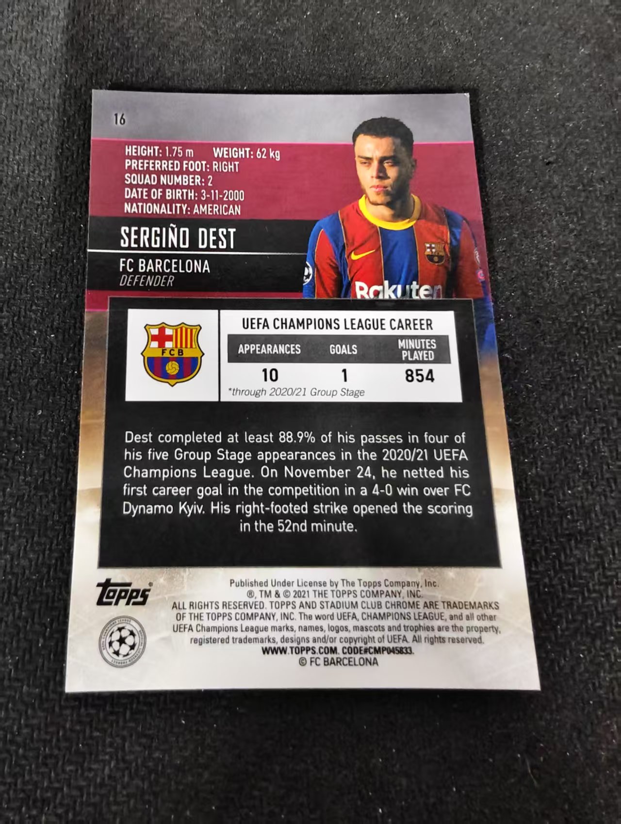 【可合并,不累计】2021 Topps Stadium Club Chrome Sergino Dest 德斯特 巴塞罗那 欧冠 竞技场 不保卡品 介意勿拍 #16