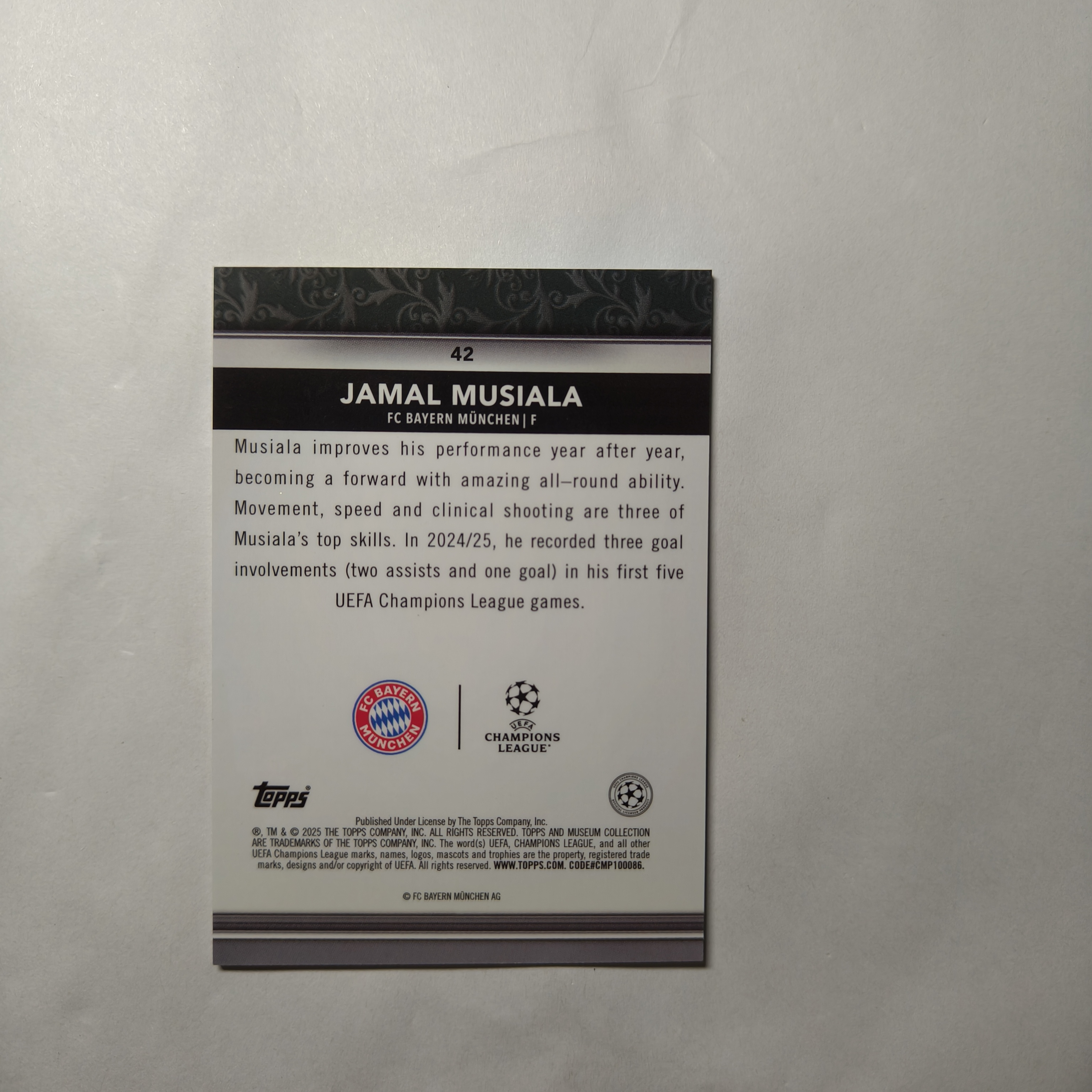 2025 Topps Topps Jamal Musiala 贾马尔 穆夏拉 拜仁慕尼黑 欧冠 折射 #42 A2