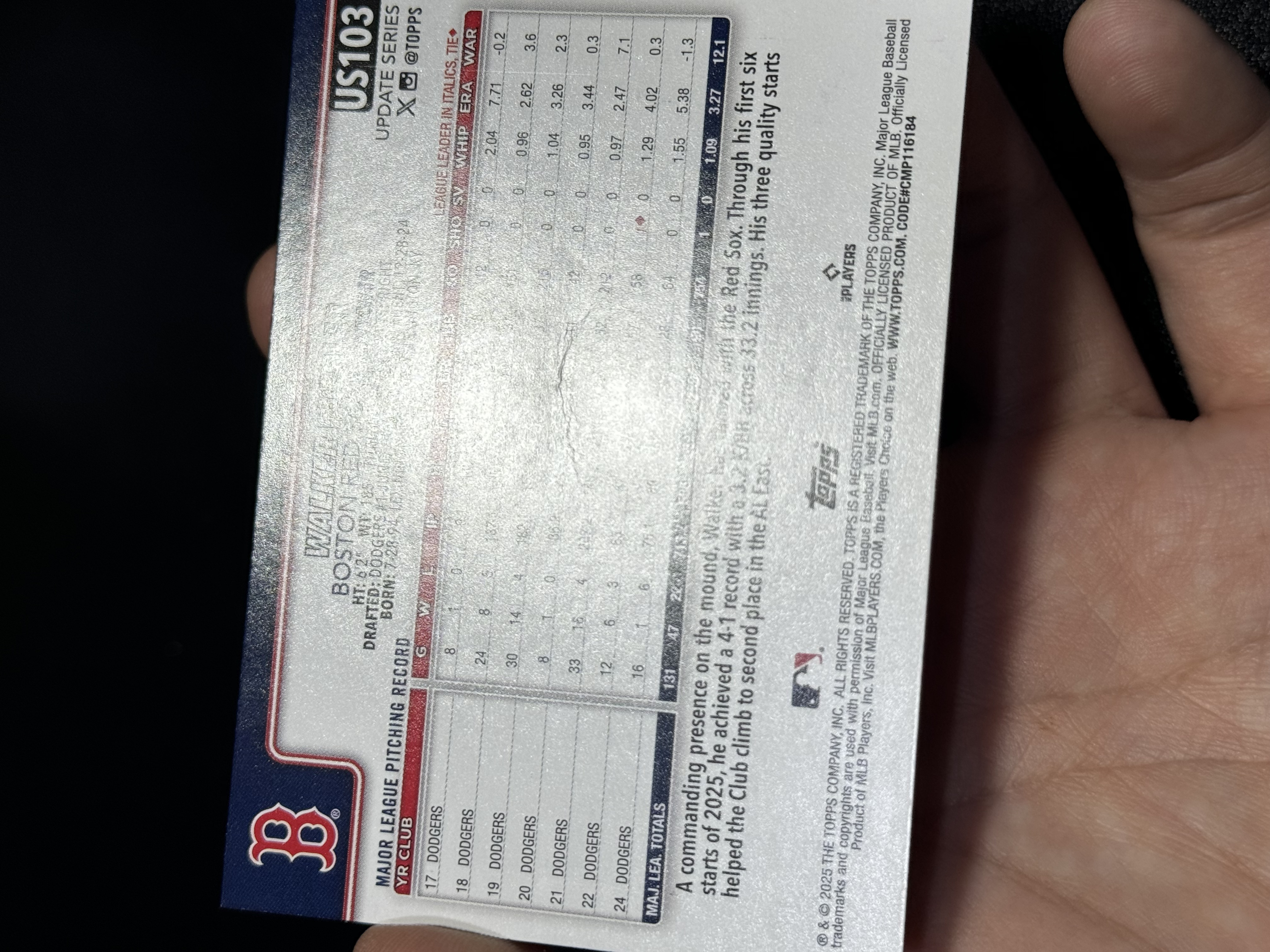 2025 Topps MLB 棒球大联盟 Chrome 幽灵折 沃克・比勒 Walker Buehler 潜力无限 LWOY