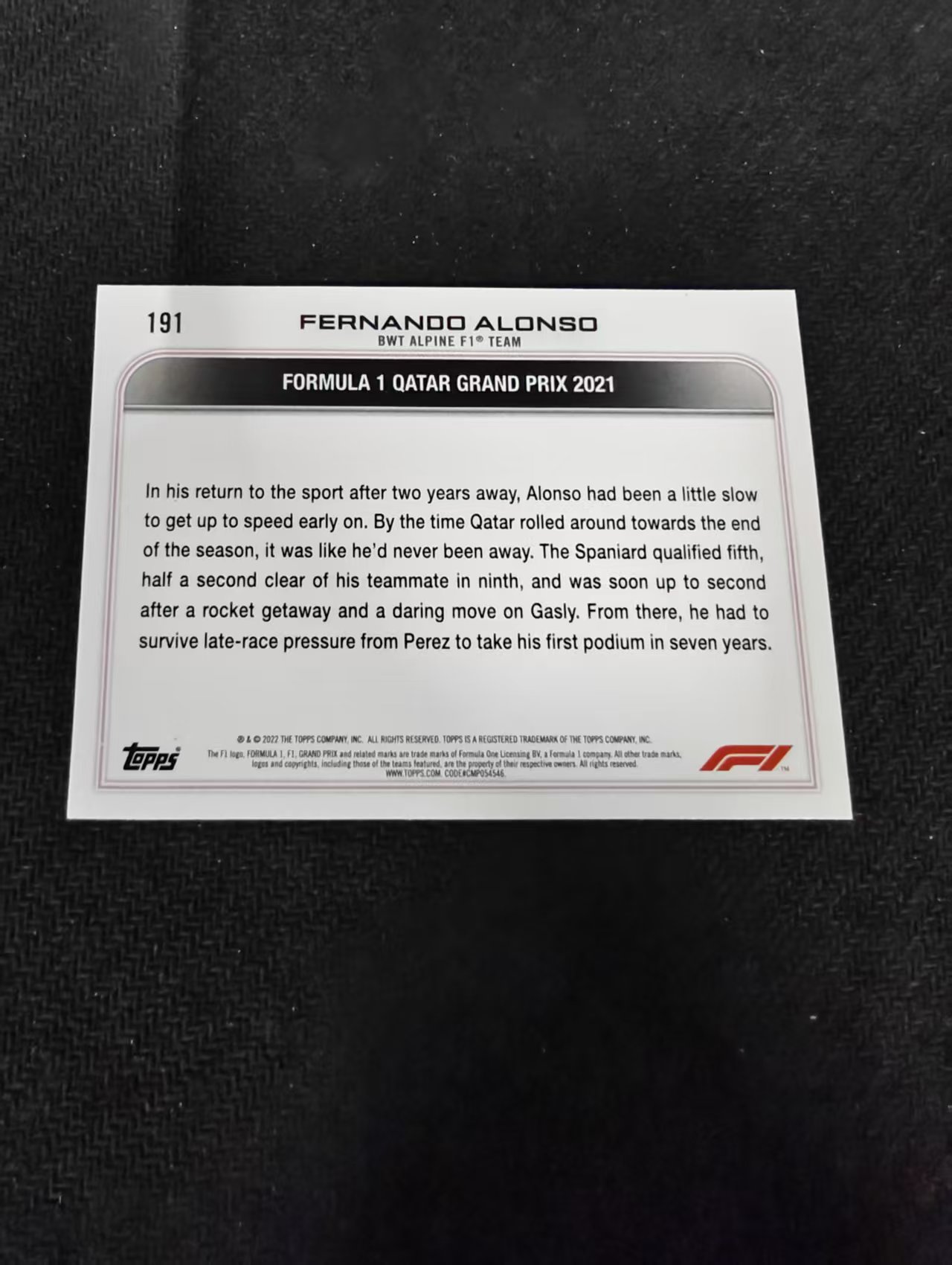 2022 Topps F1 Chrome Fernando Alonso 阿隆索 头哥 阿斯顿马丁 划痕 边角瑕疵 @191
