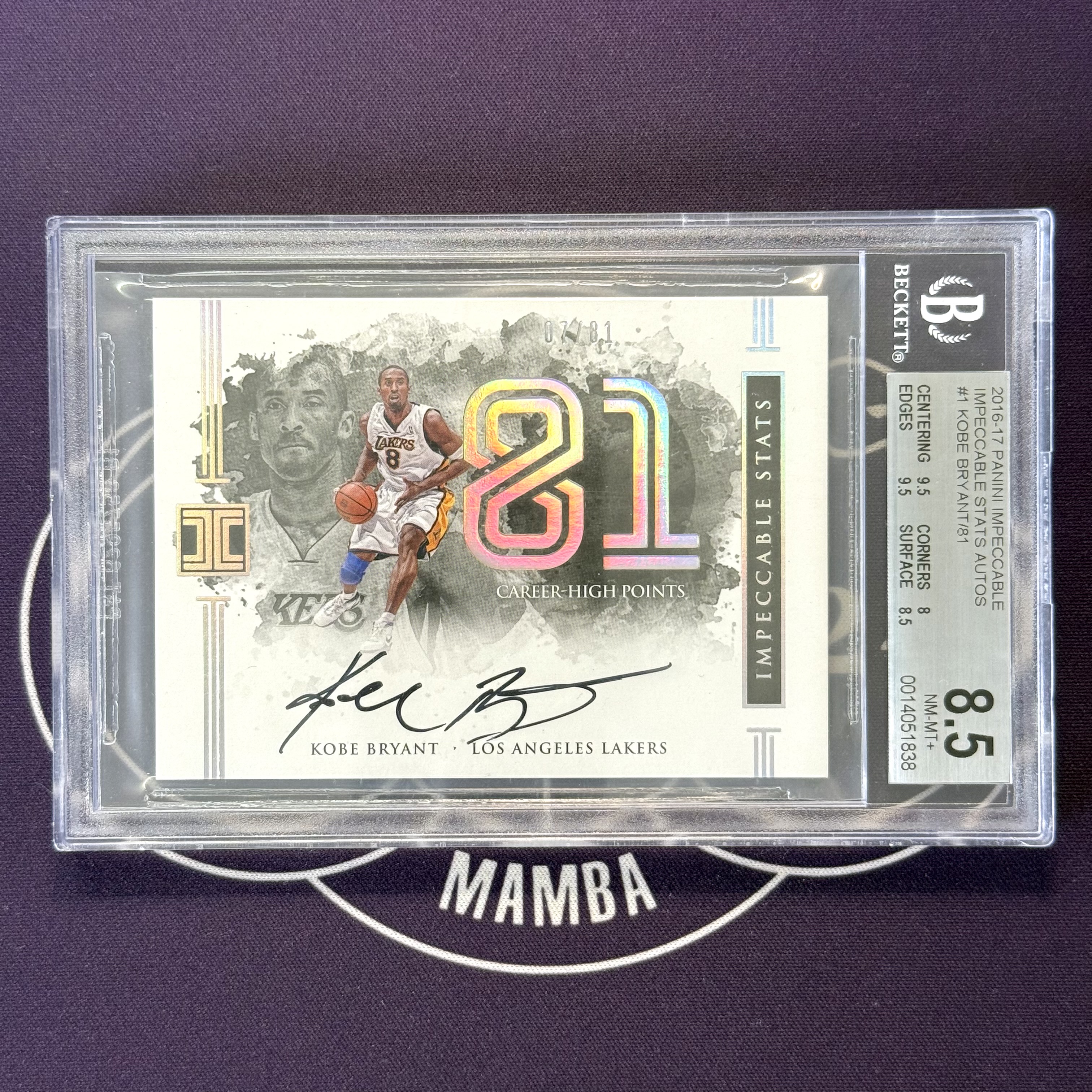 2016-17 Panini Impeccable Kobe Bryant 【824拍卖】元年小真金 湖人 科比 布莱恩特 07/81编 得分数据 签字 卡签 元年数据签 BGS8.5+10分 詹姆斯
