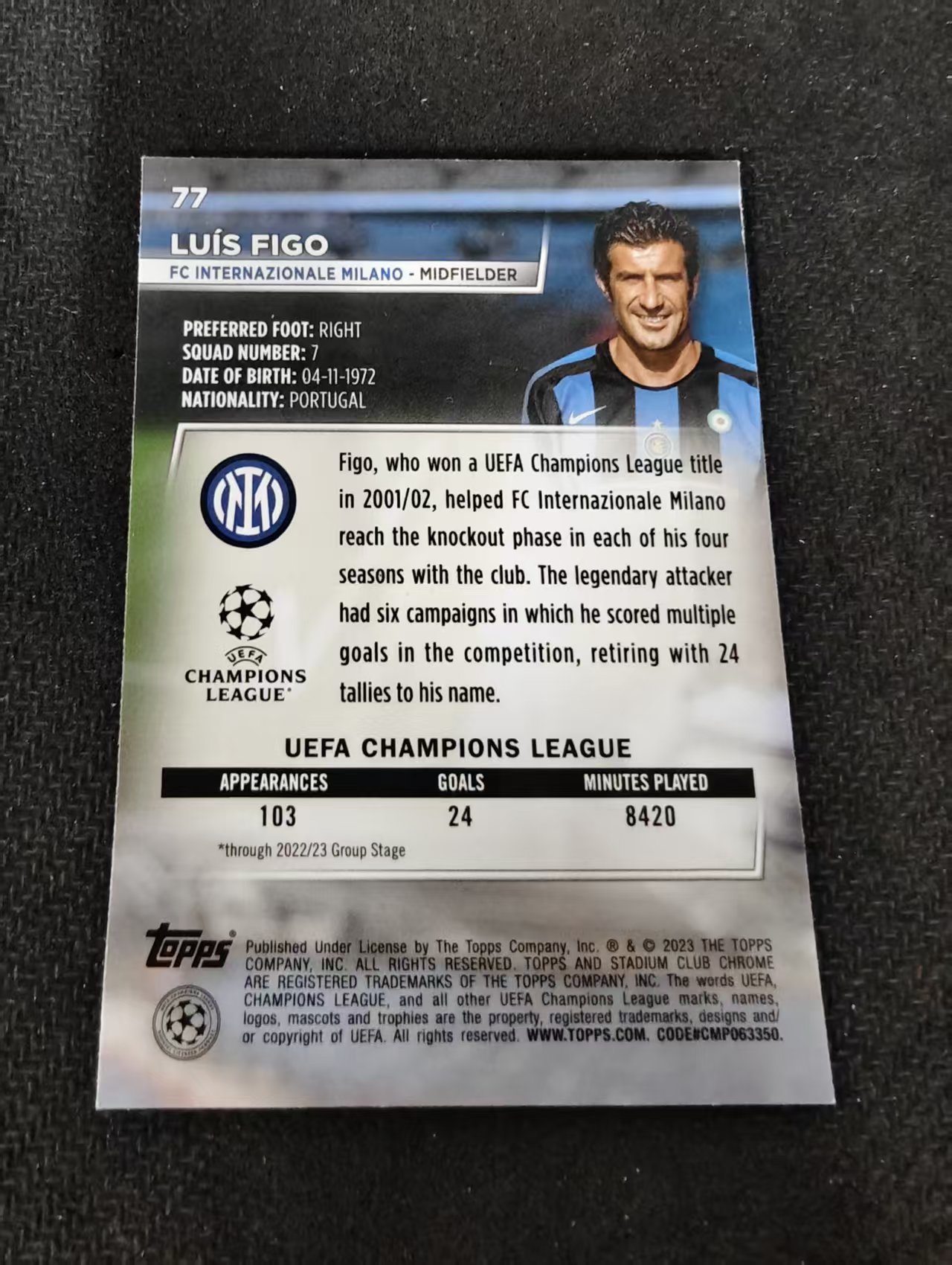 【可合并,不累计】2023 Topps Stadium Club Chrome luis figo 国际米兰 路易斯 菲戈 欧冠 竞技场 不保卡品 介意勿拍 #77