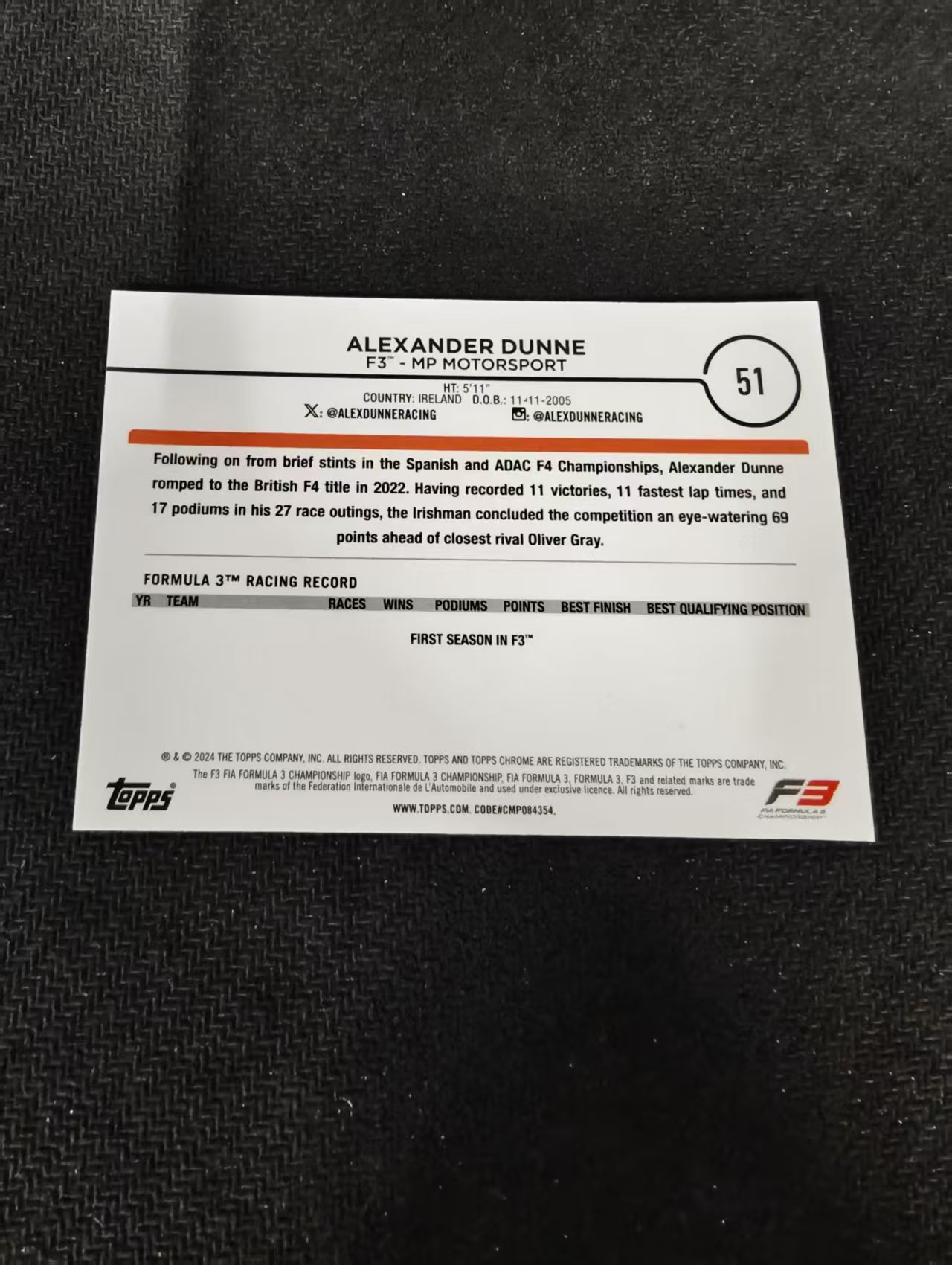 2024 Topps Chrome F1 Alexander Dunne 亚历山大 邓恩 F3 划痕 边角瑕疵 #51