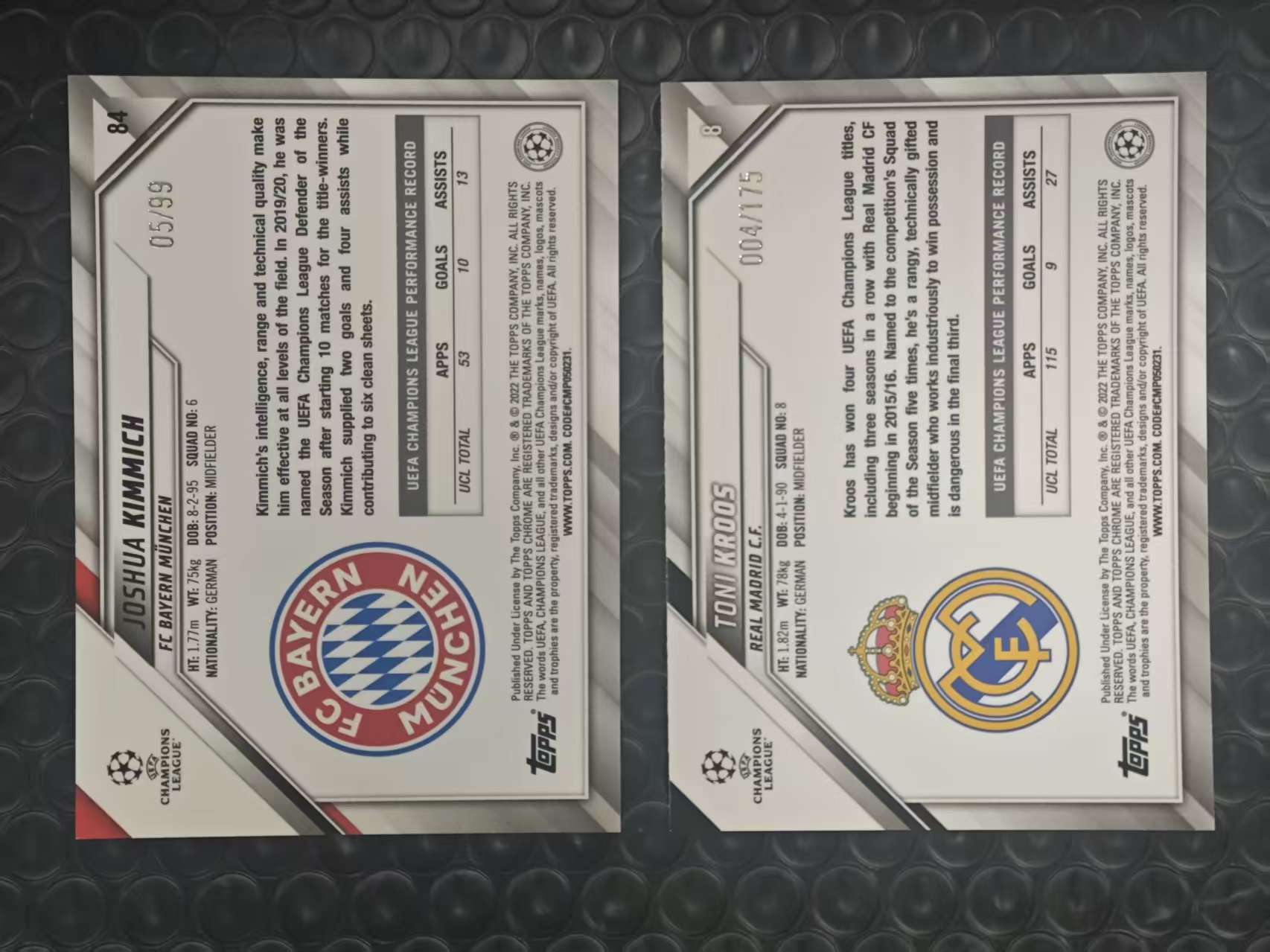 2022 Topps Chrome Toni Kroos 欧冠TC 皇马 托尼 克罗斯 拜仁 约书亚 基米希 99编 175编 紫折绿折 折射 2张打包LOT 卡如图【原地起飞卡社】MVP11.11