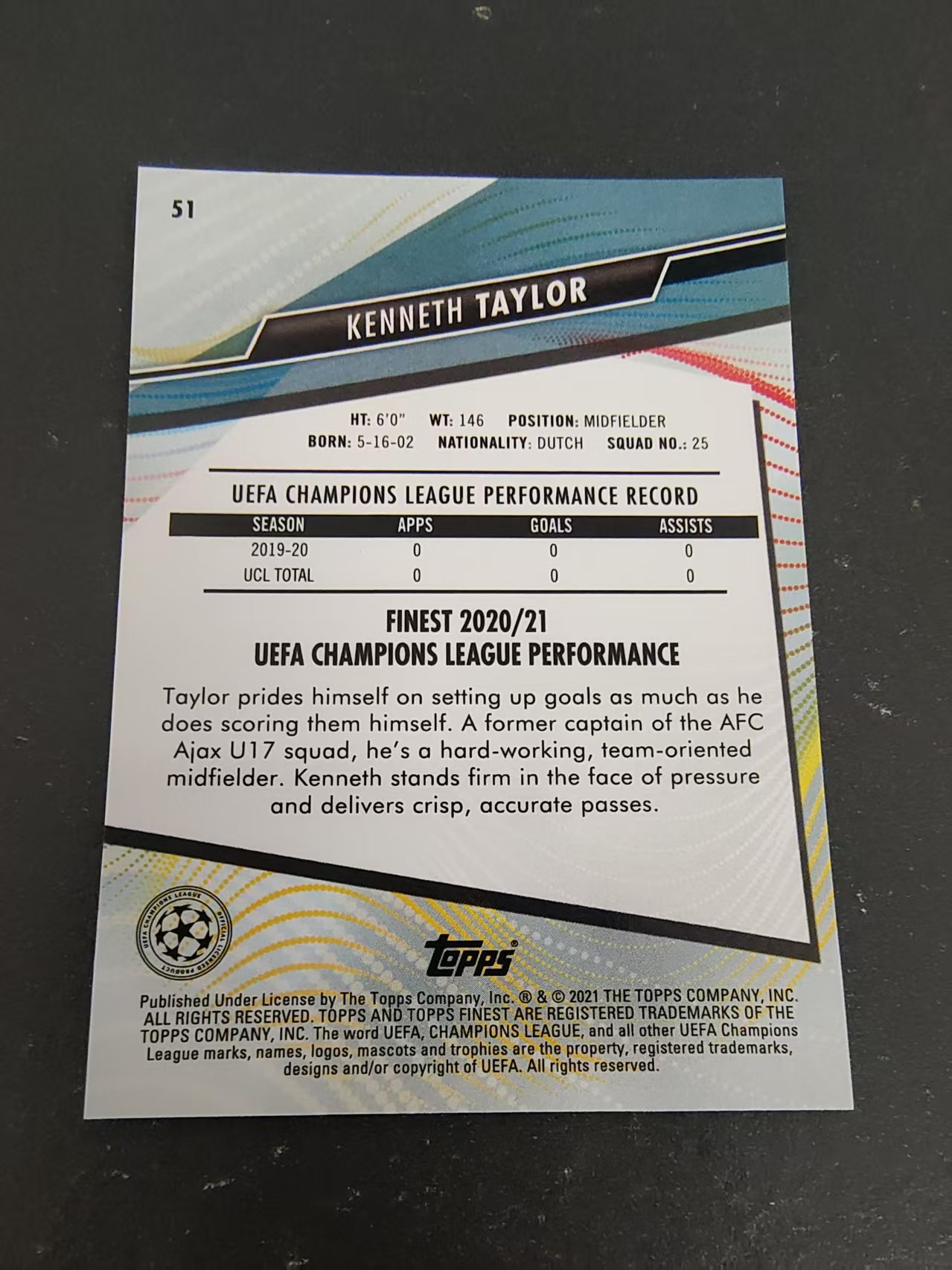 【可合并,不累计】2021 Topps Finest Kenneth Taylor RC 欧冠 莱比锡红牛 肯内特 泰勒 新秀 划痕 边角瑕疵 #51