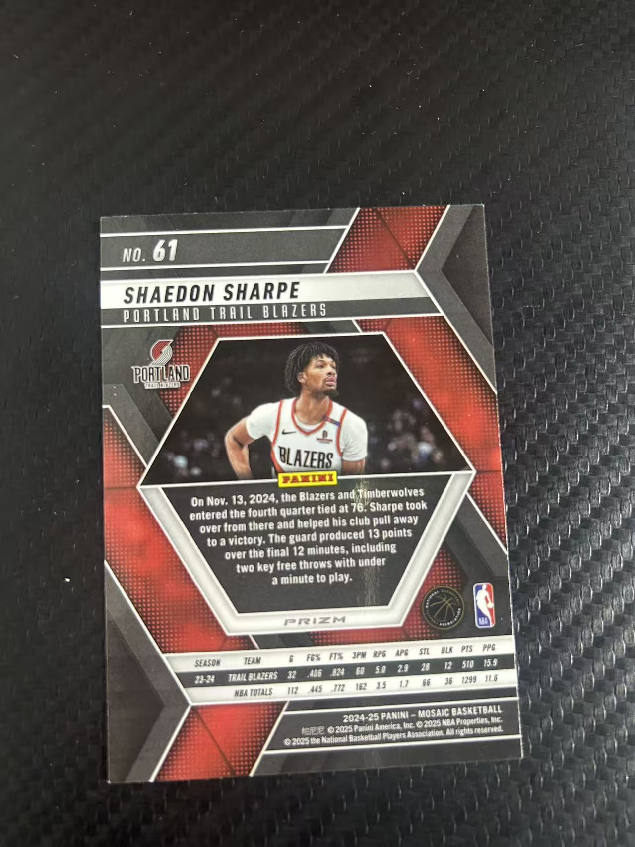 2024-25 Panini Mosaic Shaedon Sharpe #61【灯灯拍卡】马赛克 开拓者 谢登 夏普 杨瀚森队友 马赛克折 折射 收藏必备【雪茄】