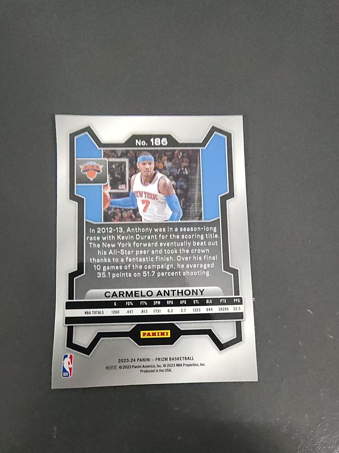 【可合并,不累计】2023-24 Panini Prizm Carmelo Anthony 卡梅罗 安东尼 甜瓜 尼克斯 PZ 划痕 边角微瑕 #186