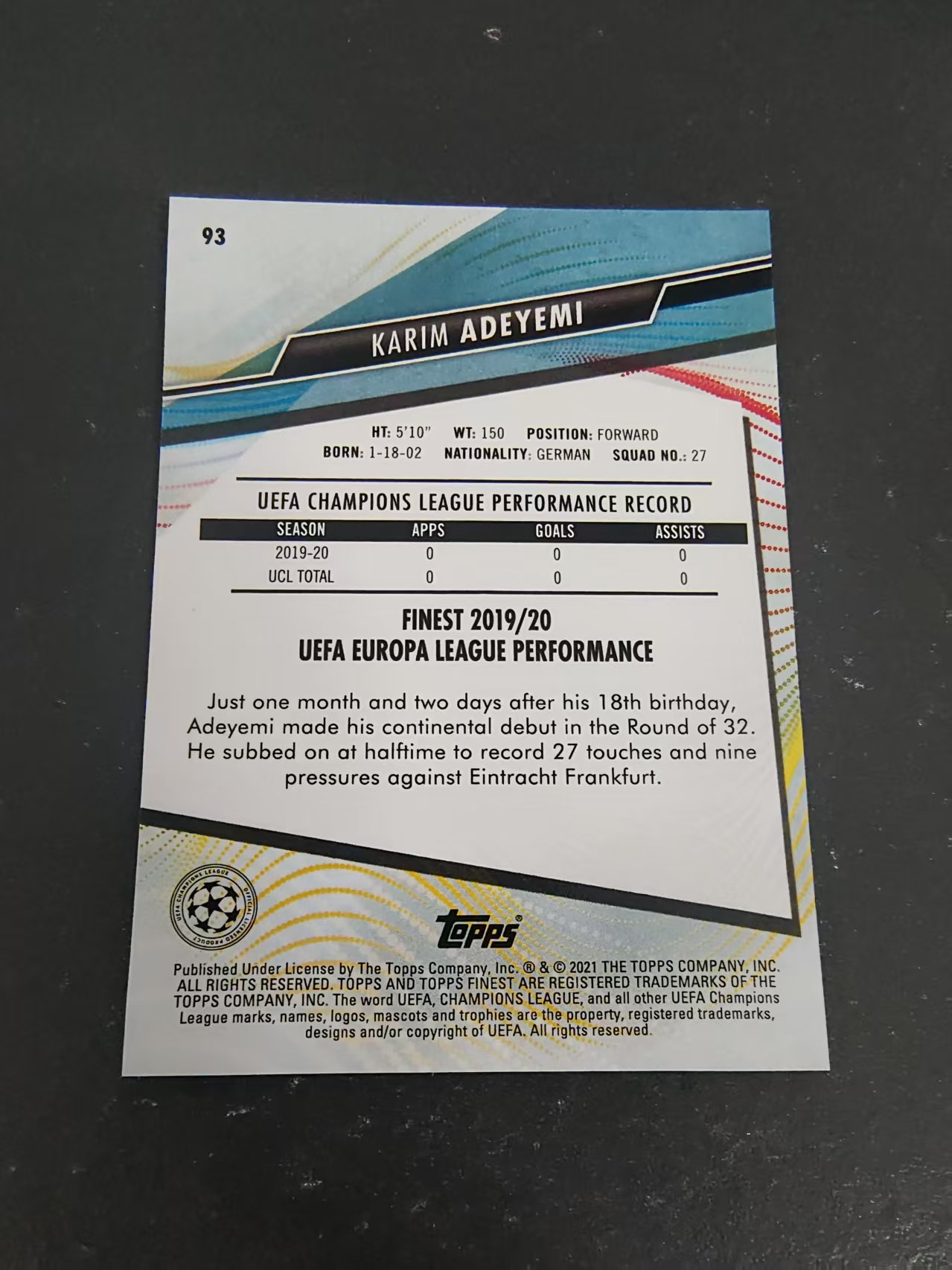 【可合并,不累计】2021 Topps Finest Karim Adeyemi RC 欧冠 卡拉姆 安德米 新秀 红牛 划痕 边角瑕疵 #93