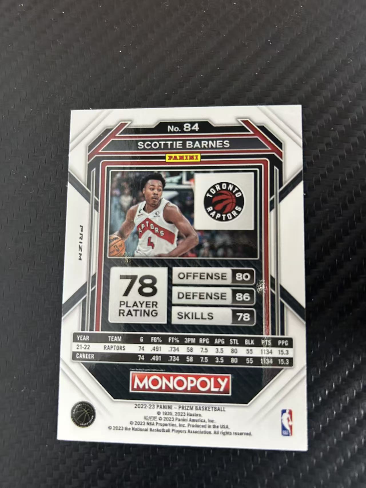 2022-23 Panini Prizm Monopoly Scottie Barnes #84【灯灯拍卡】大富翁 猛龙队 斯科蒂 巴恩斯 白碎点折 卡品如图 收藏必备【踢踢】