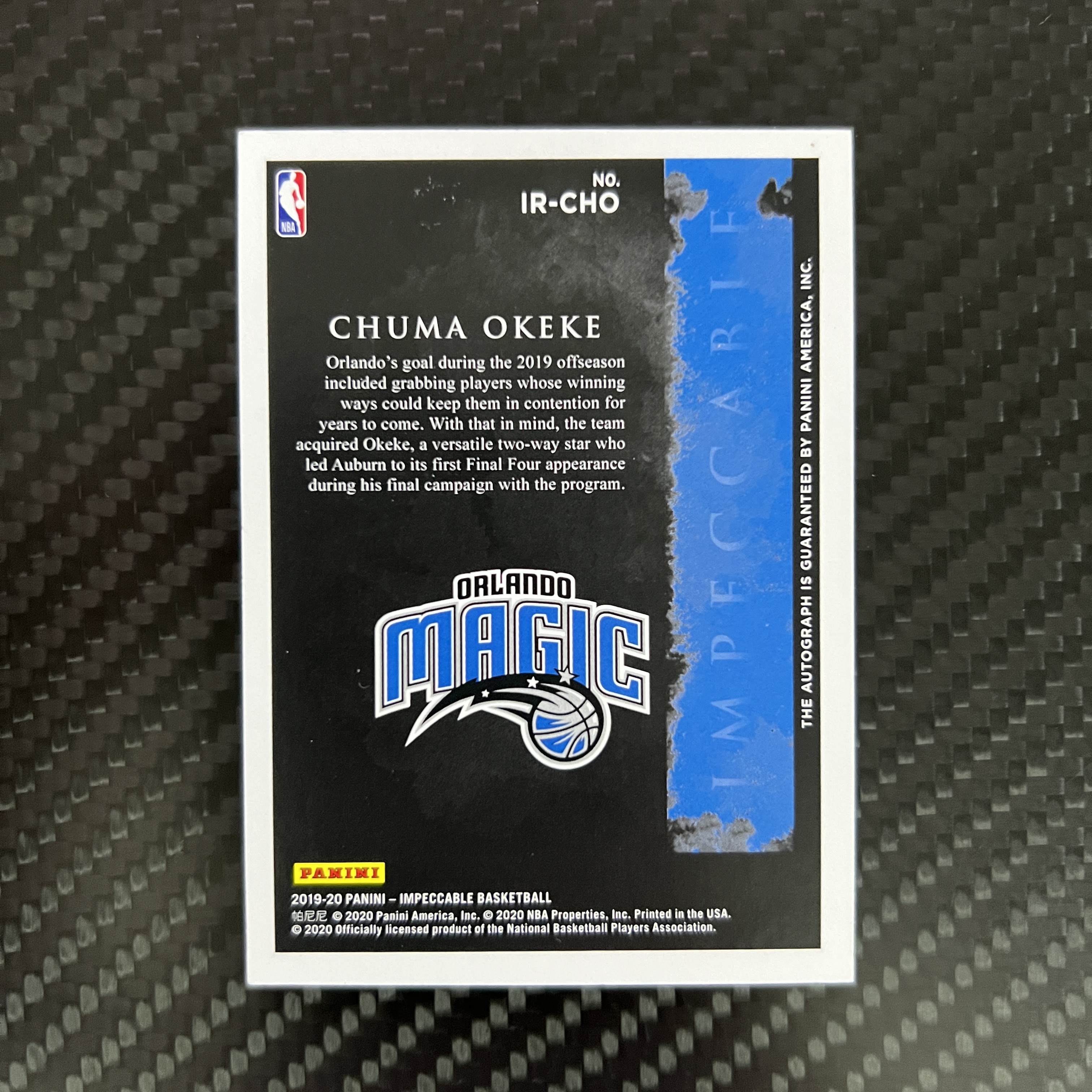 2019-20 Panini Impeccable Chuma Okeke RC 【杰克森拍卖】丘马 奥基基 魔术 新秀 99编 签字 卡签 小真金 有瑕疵 介意勿拍 超