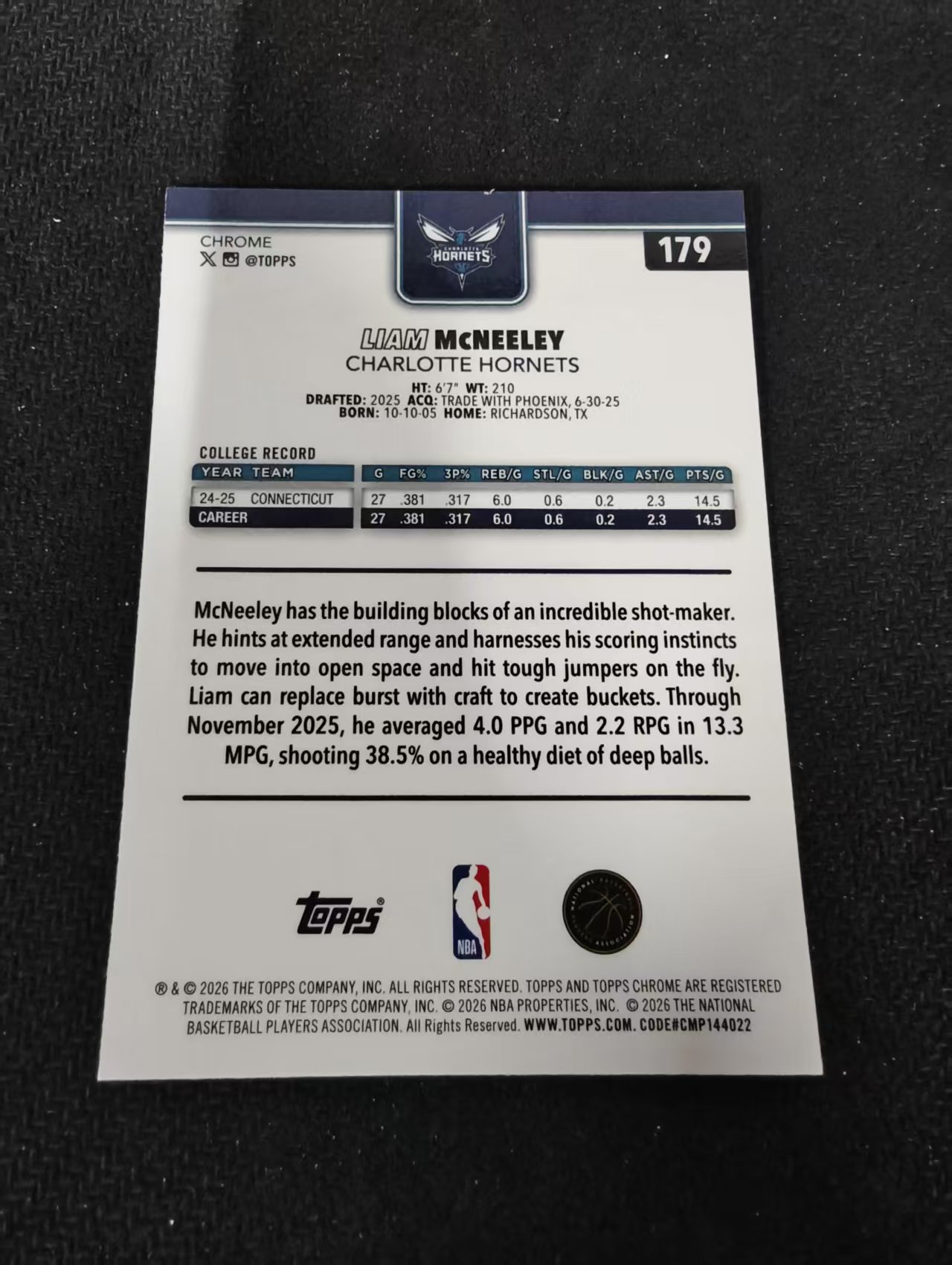 2026 Topps Chrome Update Liam McNeeley RC 篮球TCU 麦克尼利 hyper折 夏洛特黄蜂 新秀 瑕疵如图