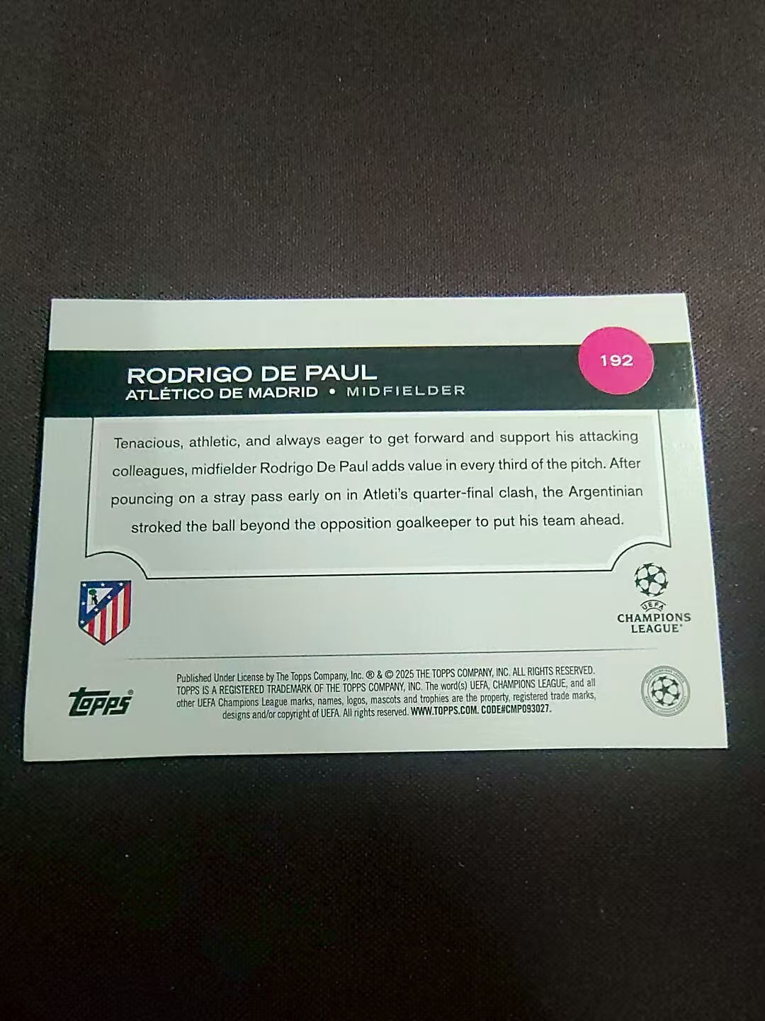 【可合并,不累计】2025 Topps Chrome RODRIGO DE PAUL 马竞 罗德里戈 德保罗 欧冠 划痕 边角瑕疵 #192