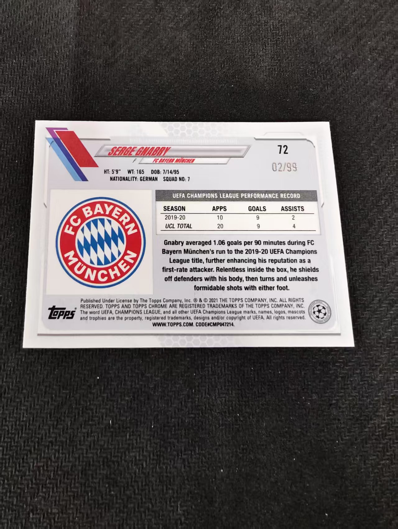 【可合并,不累计】2021 Topps Chrome Serge Gnabry 塞尔日 格纳布里 拜仁慕尼黑 蓝宝石 黄碎冰折 99编 欧冠 瑕疵如图