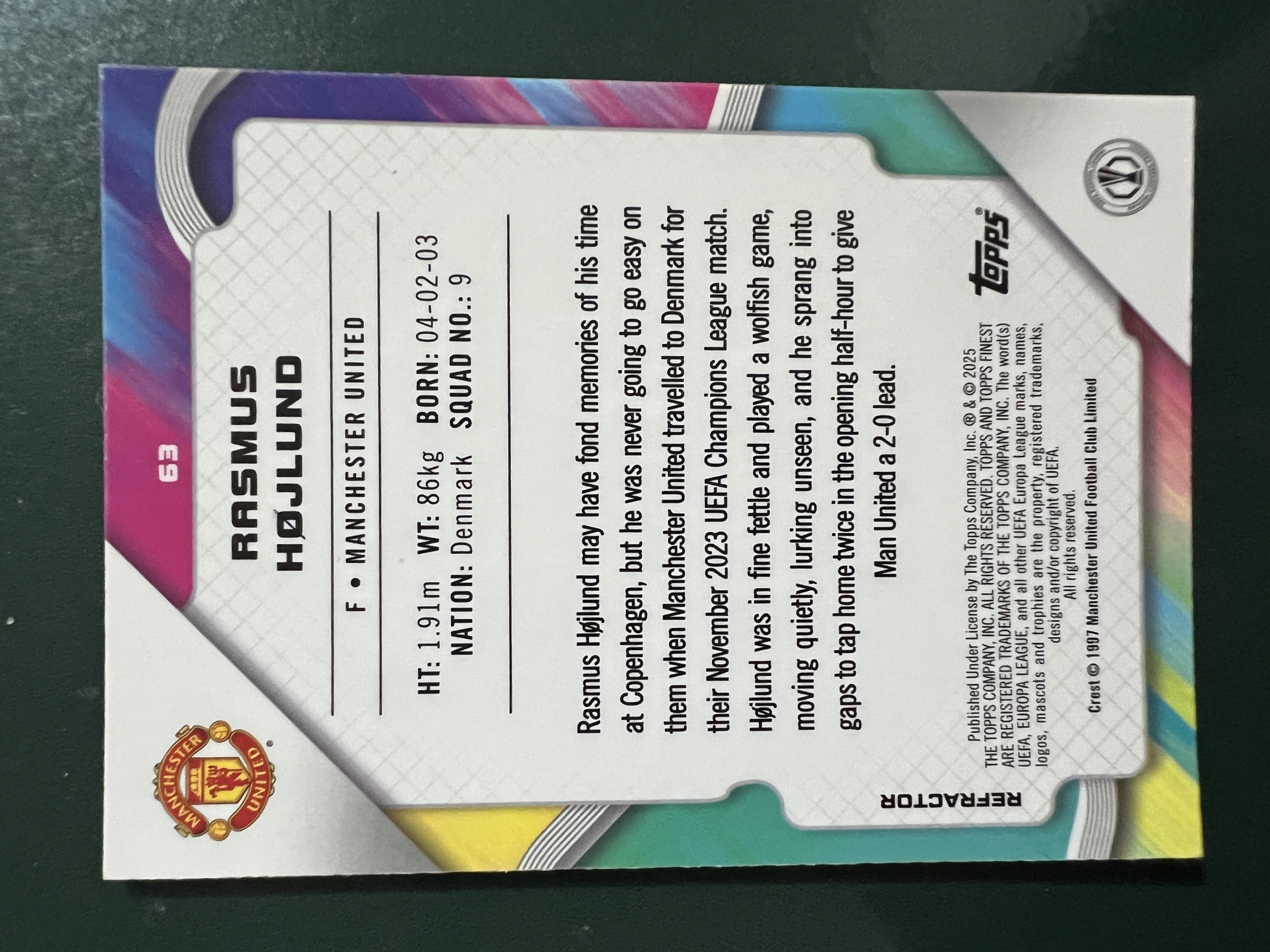 2025 Topps Finest Rasmus Højlund 欧冠系列 拉斯穆斯·霍伊伦 英超曼联足球俱乐部 特卡 BASE 折射 完美收藏 卡品如图