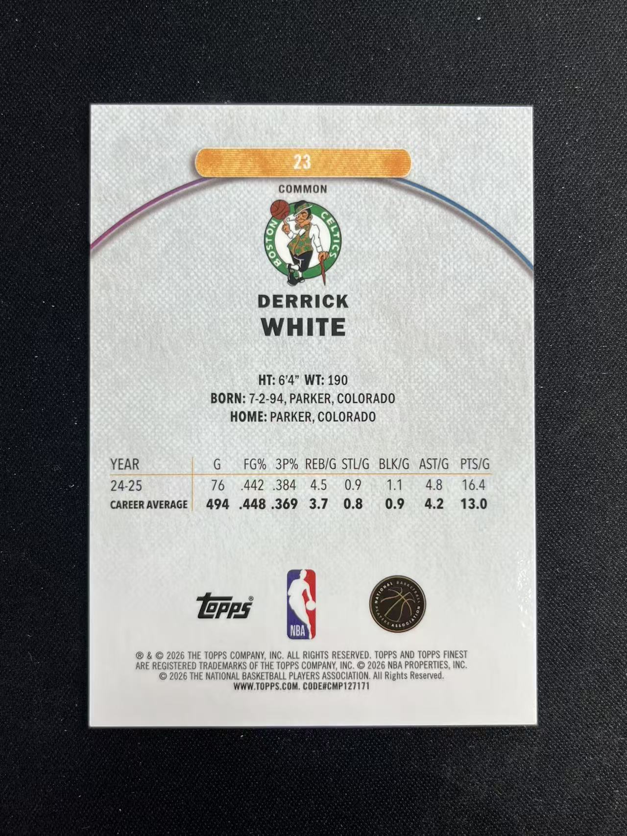 2026 Topps Finest Derrick White 德里克 怀特 75/250编 收藏必备 卡品如图 LZC