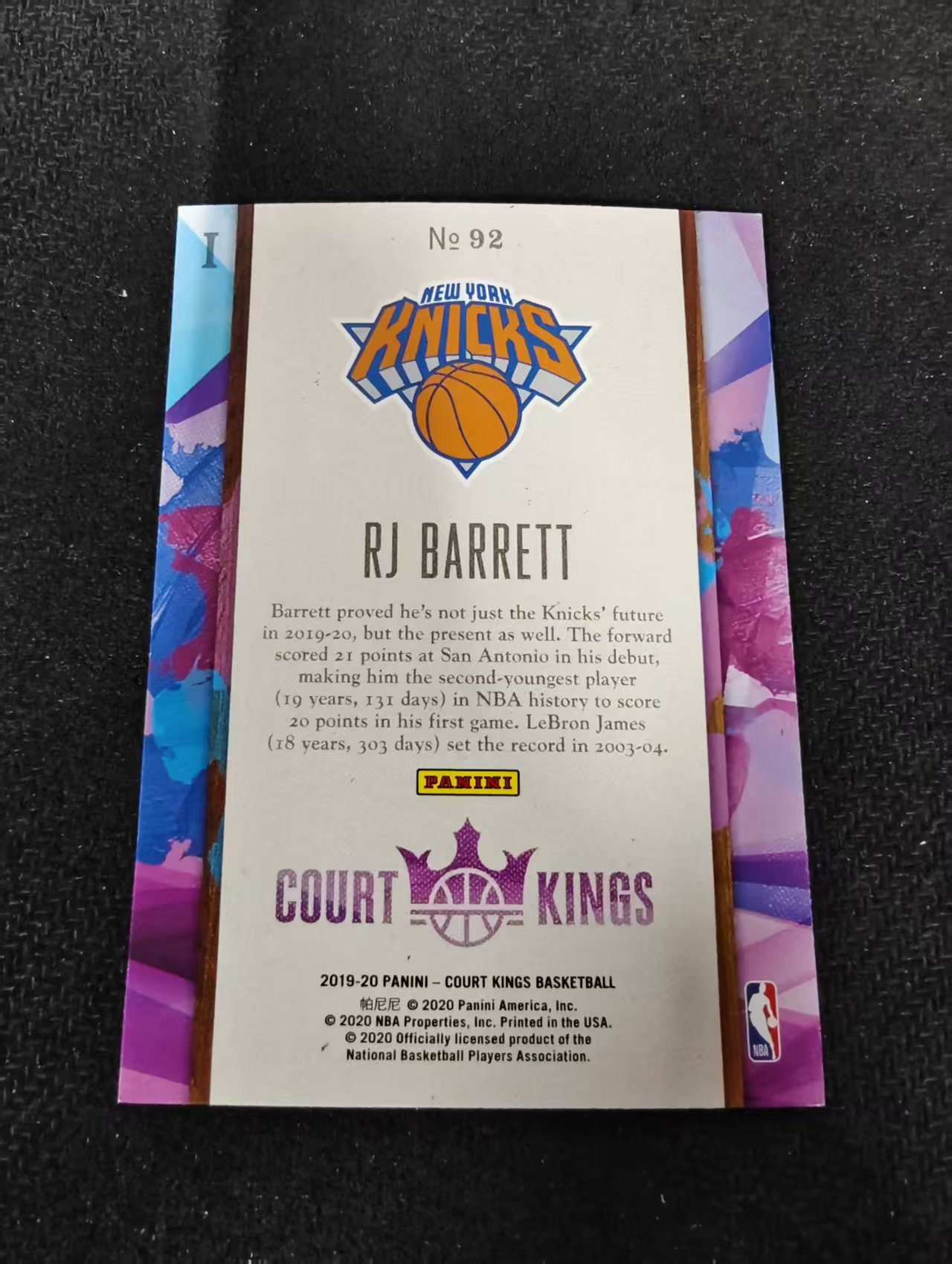 2019-20 COURT KINGS 油画 尼克斯 RJ BARRETT RJ 巴雷特 新秀RC 一级 划痕 边角瑕疵 #92