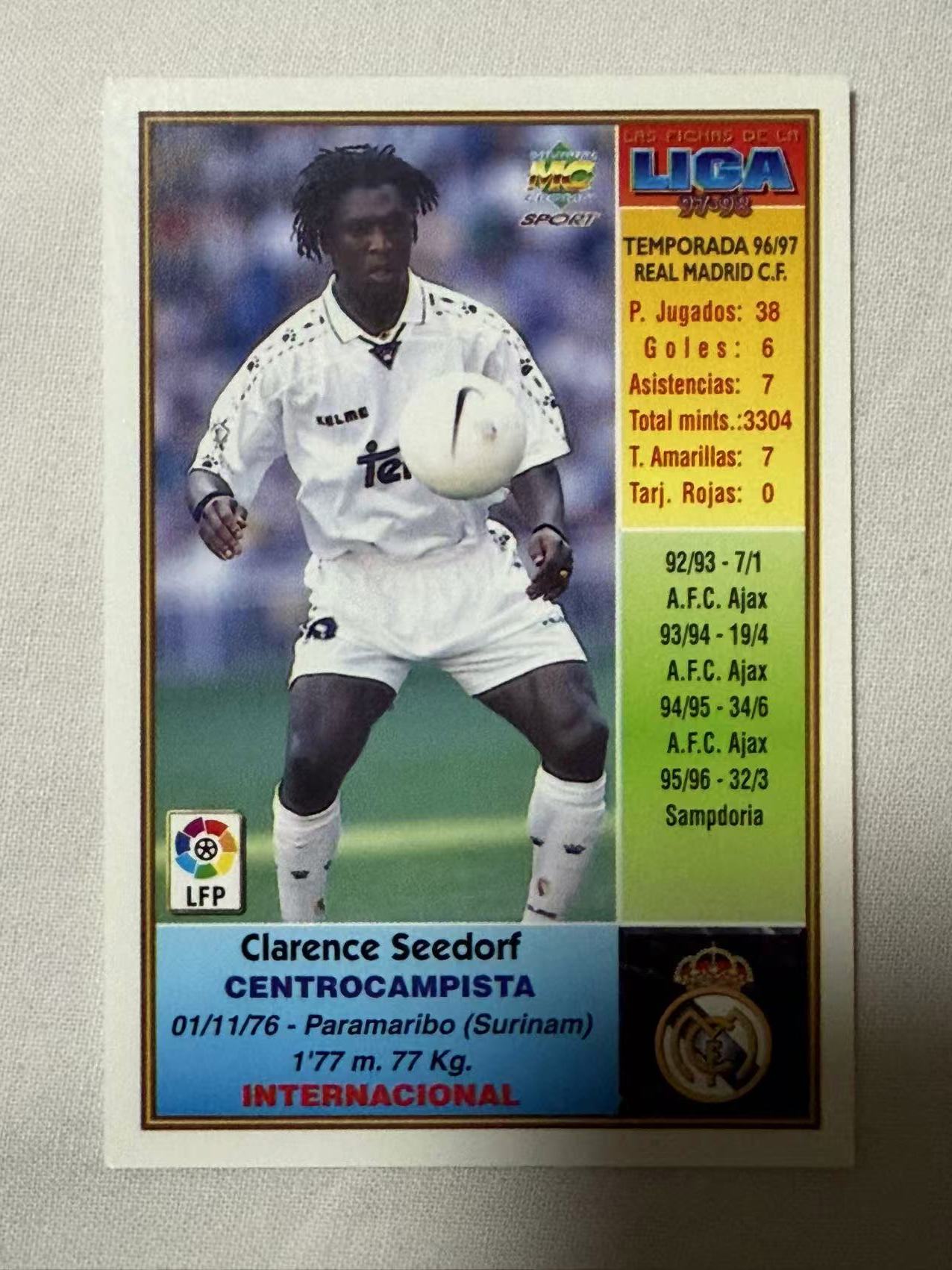 1997-98 MC 西甲 Clarence Seedorf 【mxn拍卖】西多夫 28年老卡 有一个交微瑕 荷兰 AC米兰 国际米兰 皇马 阿贾克斯 桑普多利亚 不发到付