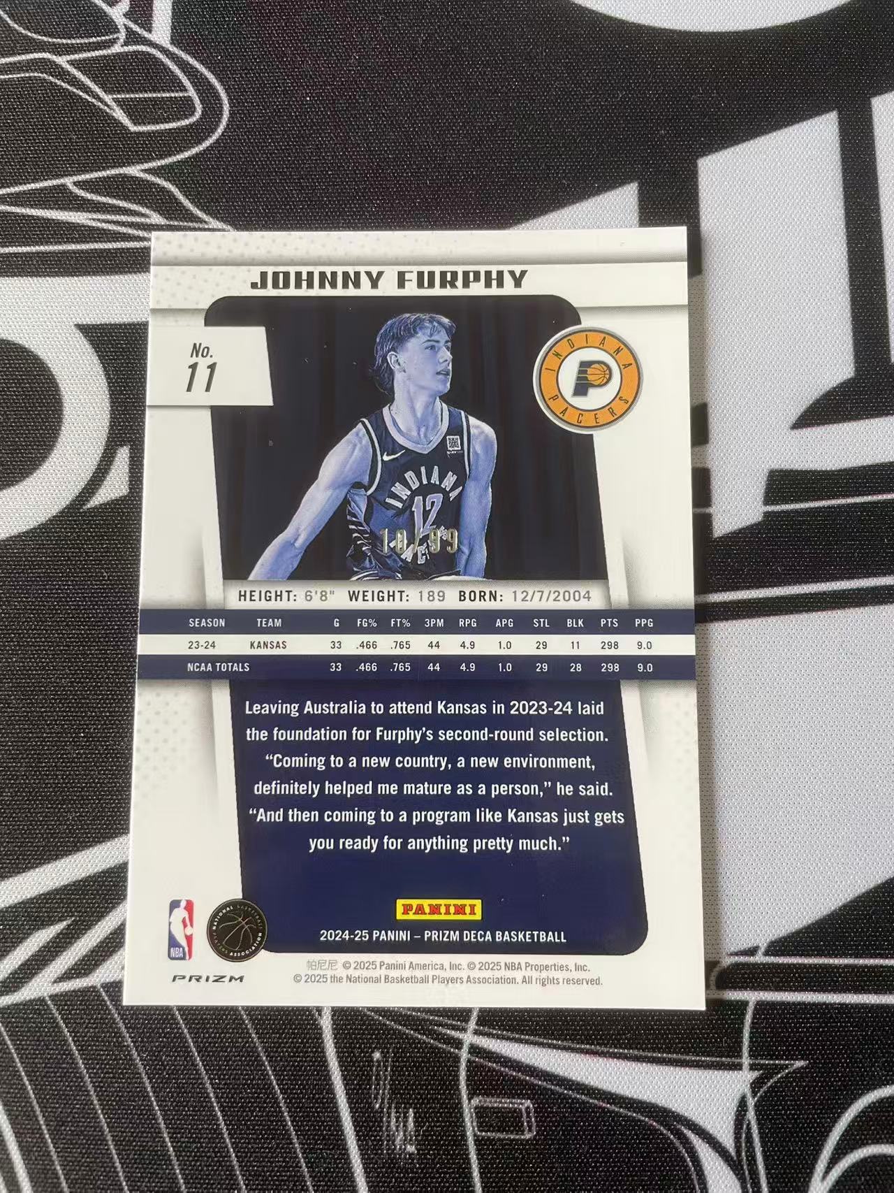 2024-25 Panini Prizm Deca Johnny Furphy 帕尼尼 步行者 约翰尼 弗菲 RC 新秀 复古 紫折 /99 投资 卡品如图 凑套必备