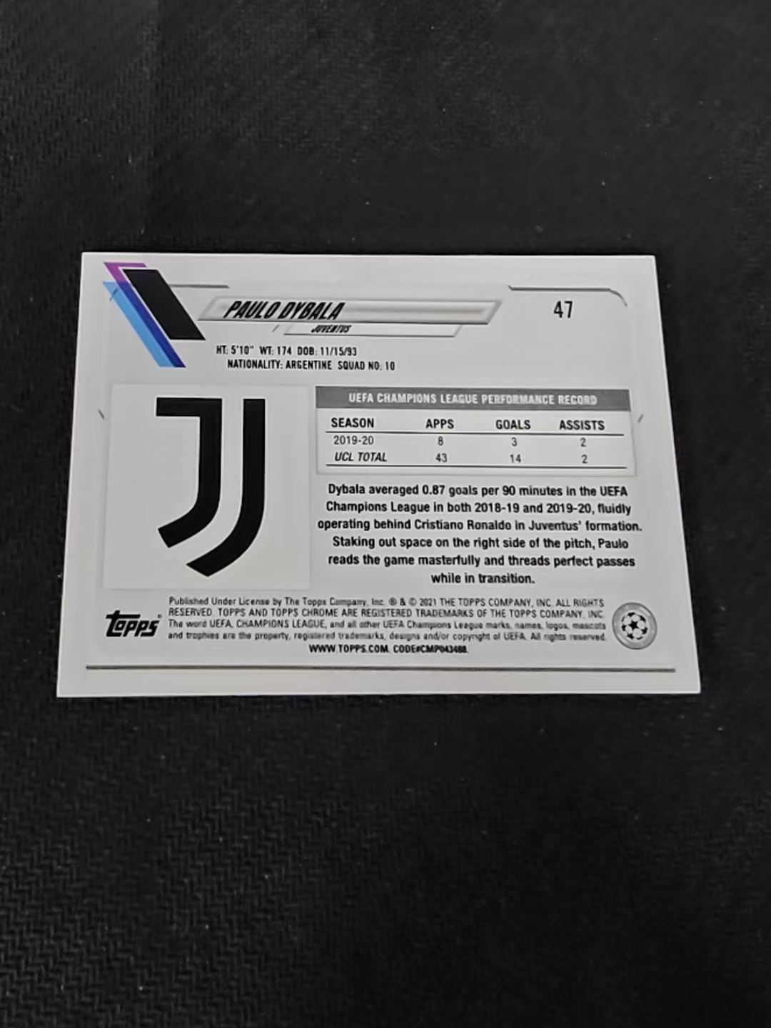 【可合并,不累计】2021 Topps Chrome Paulo Dybala TC 欧冠 尤文图斯 迪巴拉 蓝泡泡折 划痕 边角瑕疵 #47