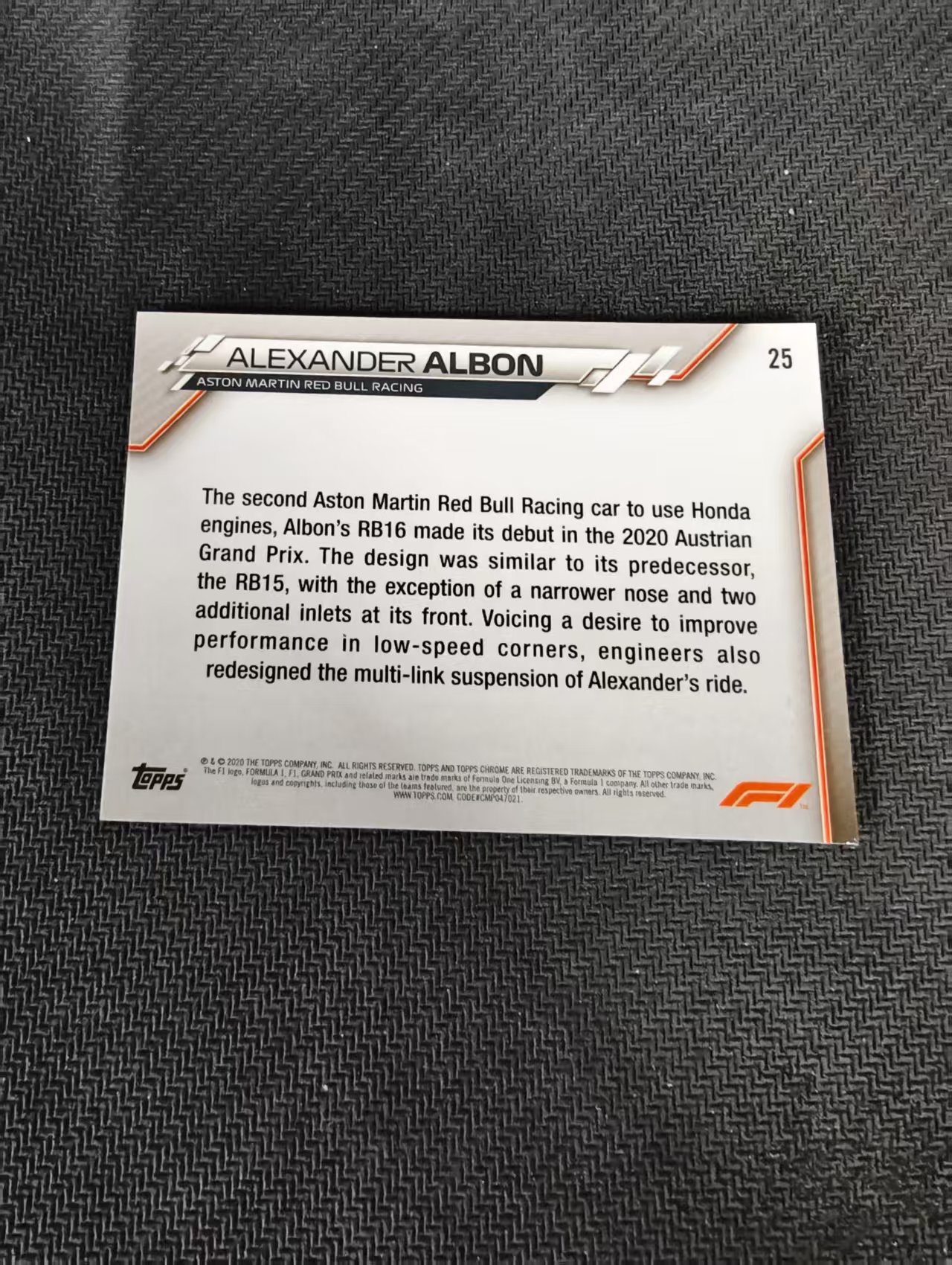 【汽水拍卖】2020 Topps Chrome F1 RC Alexander Albon 亚历山大 阿尔本 元年 蓝宝石 碎冰折 新秀 边角瑕疵 #25