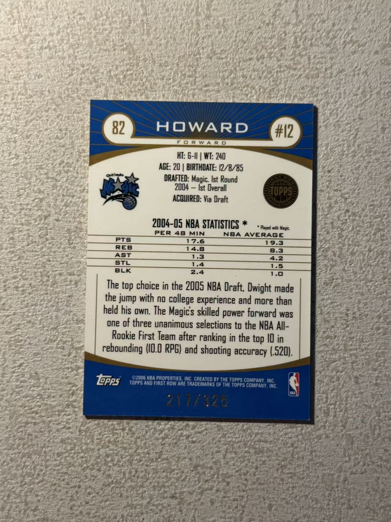 2005-06 Topps First Row Dwight Howard 魔术 德怀特 霍华德 魔兽 217/325编 折射 稀有带编老卡 经典选图 收藏必备