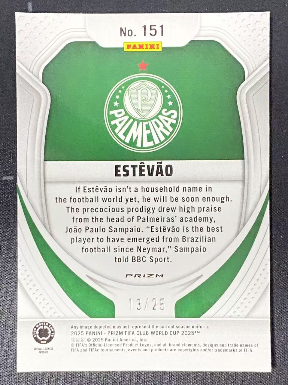 2025 Panini Prizm Estevao 世俱杯PZ 埃斯特旺 巴西 切尔西 帕尔梅拉斯 金mojo折 13/25编 低编 收藏必备 瑕疵如图 卡品如图 9527