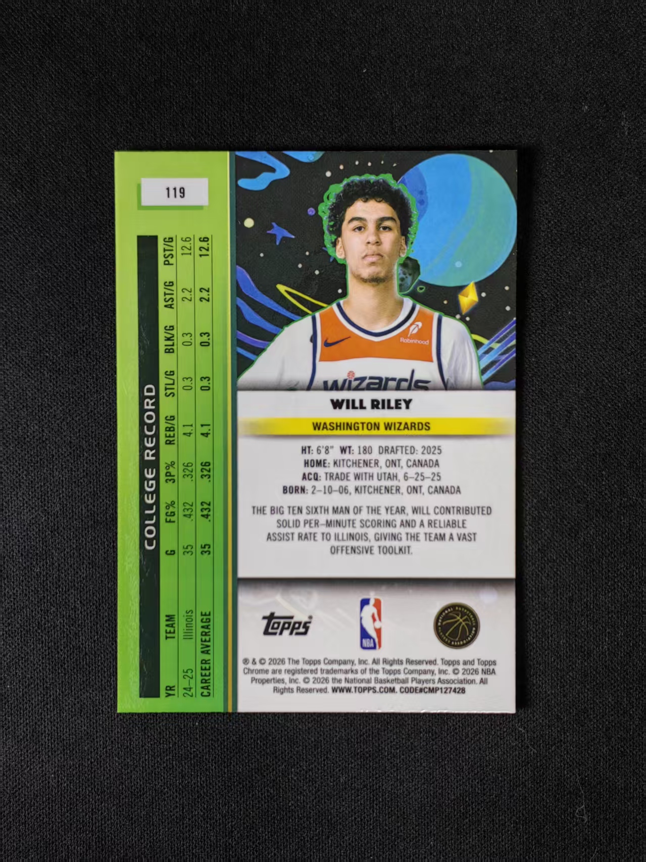 2026 Topps Chrome Will Riley RC 【林林拍卖nan】tc系列 cosmic 宇宙 奇才 新秀 威尔莱利 093/150编 紫熔岩折