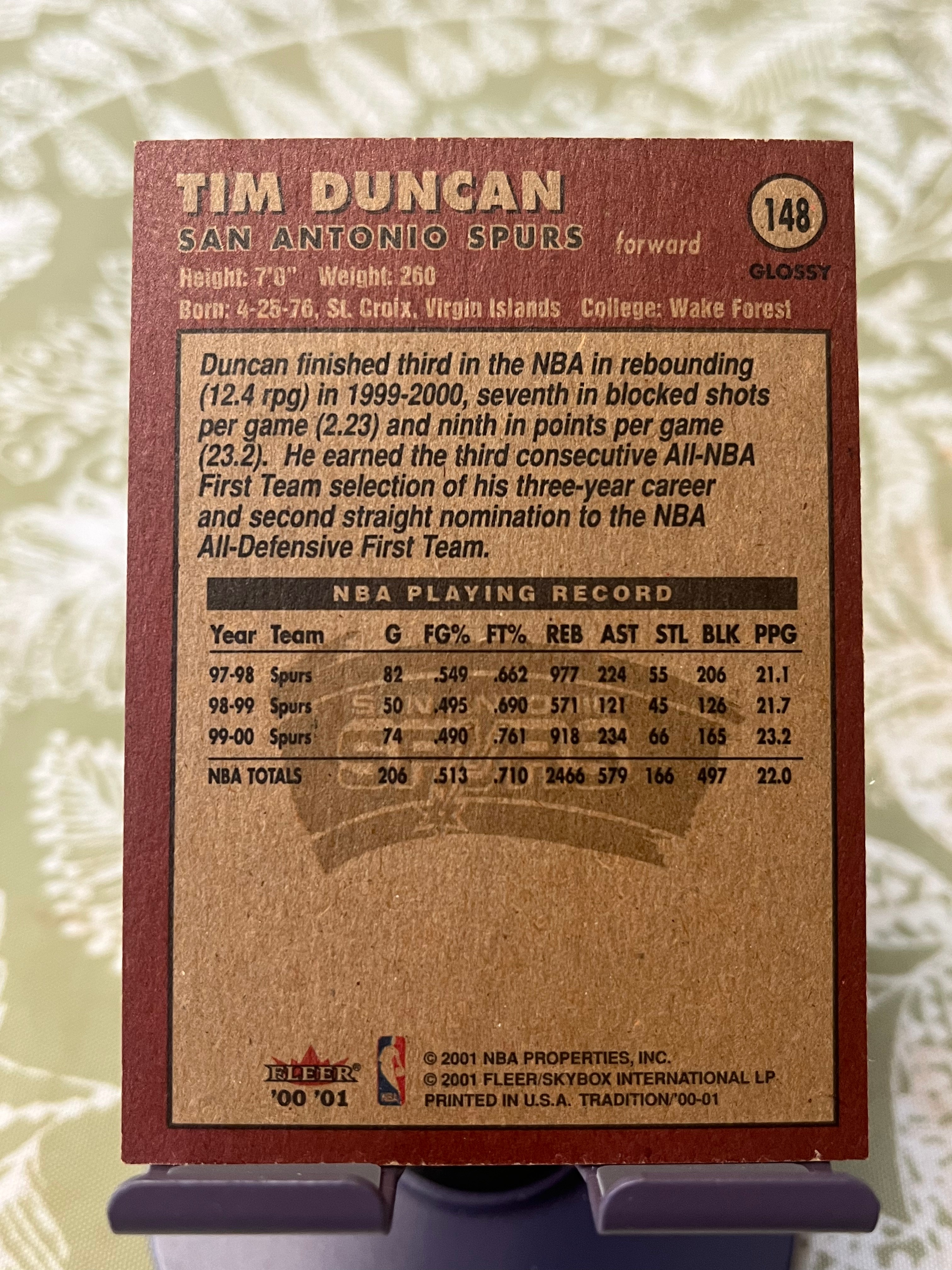 2001 Fleer 老卡 老特 Tim Duncan 蒂姆 邓肯 石佛 马刺【印签 经典复古风格】【边角瑕疵如图 介意勿拍】#1176