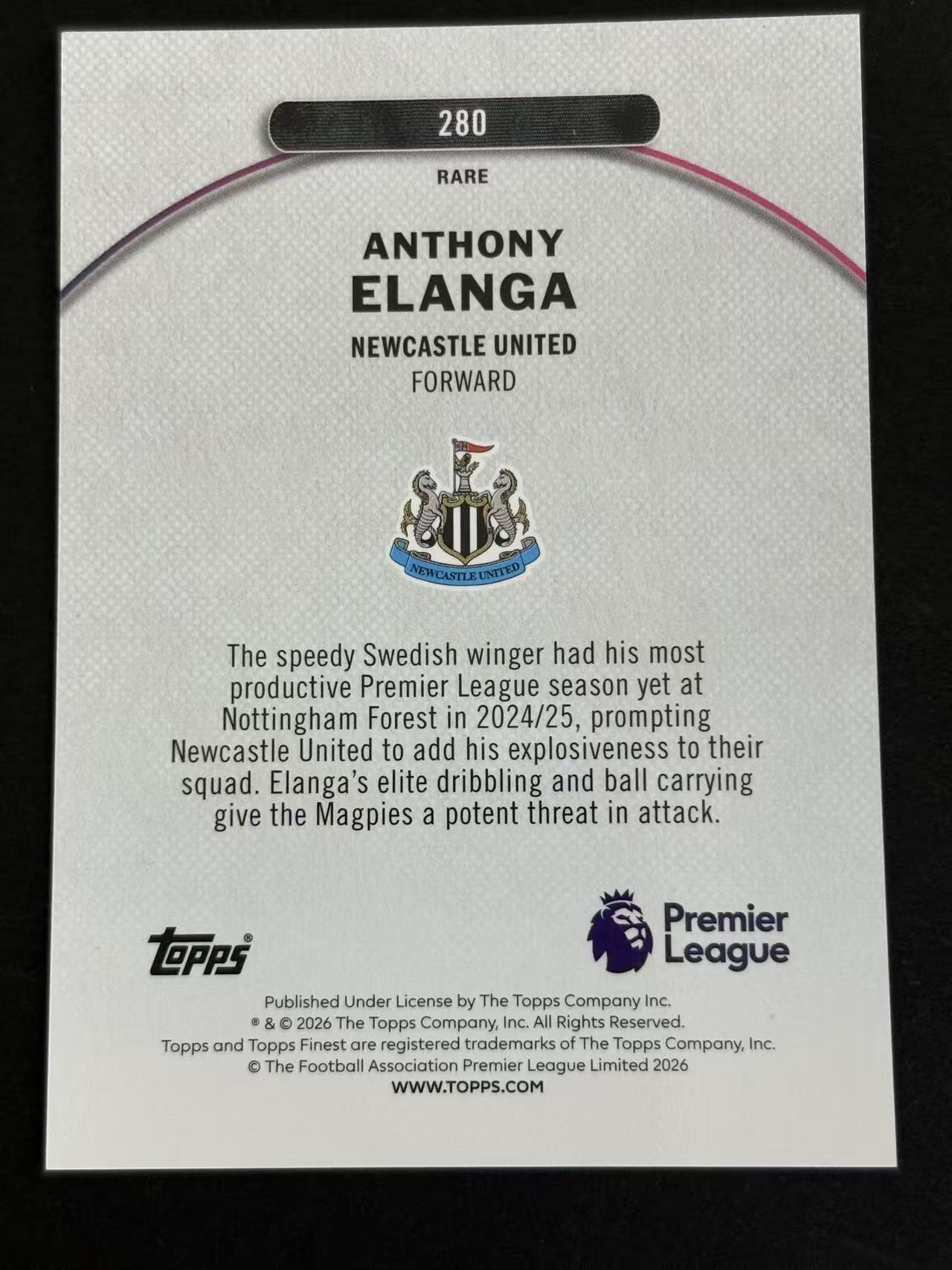 2026 Topps Finest Anthony Elanga 英超finest 埃兰加 蓝折 纽卡斯尔联 15/99编 卡品如图 仅合并当日订单 【金叔 仇总】Y