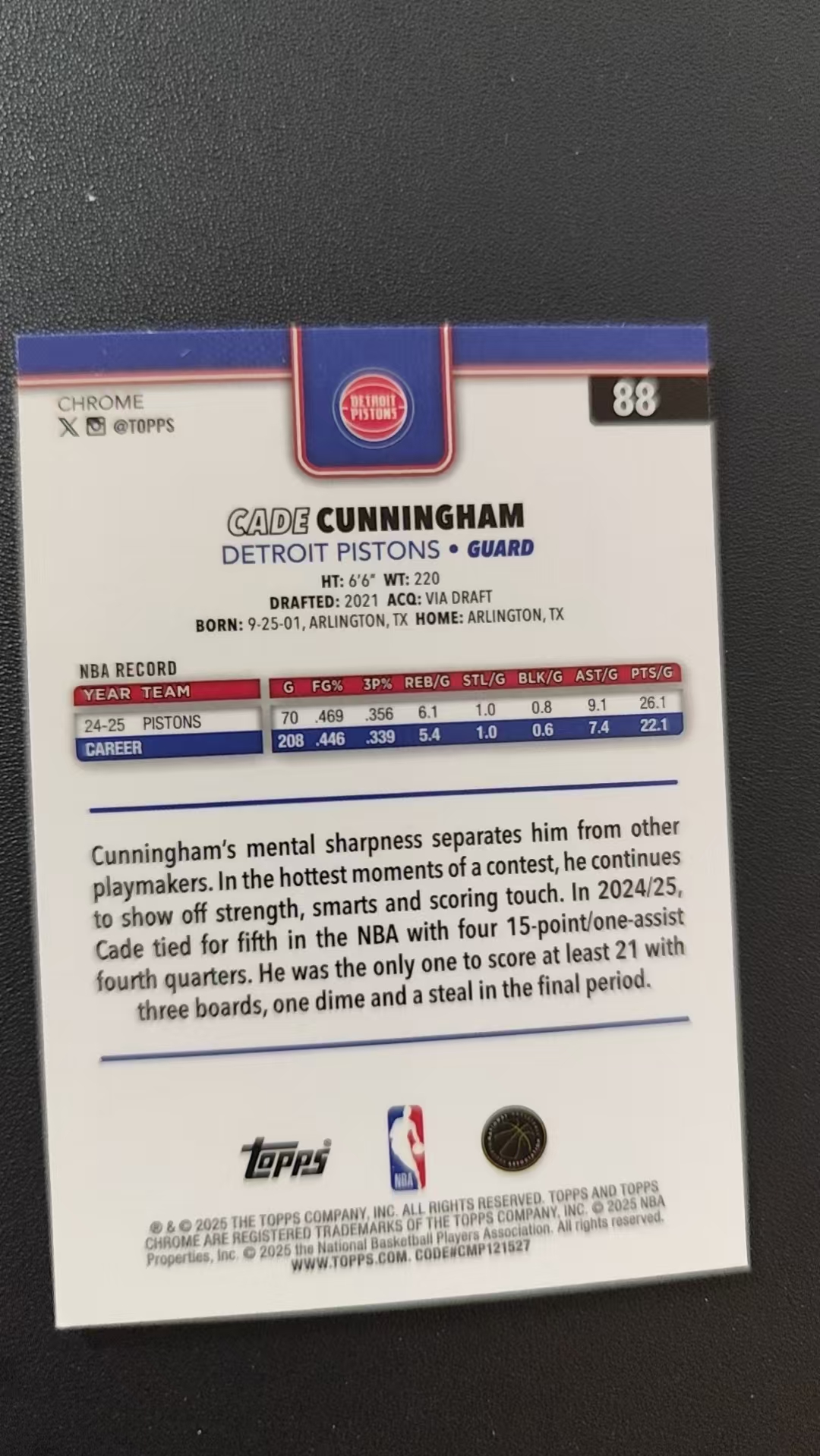 2025 Topps Chrome Cade Cunningham #88 B 15