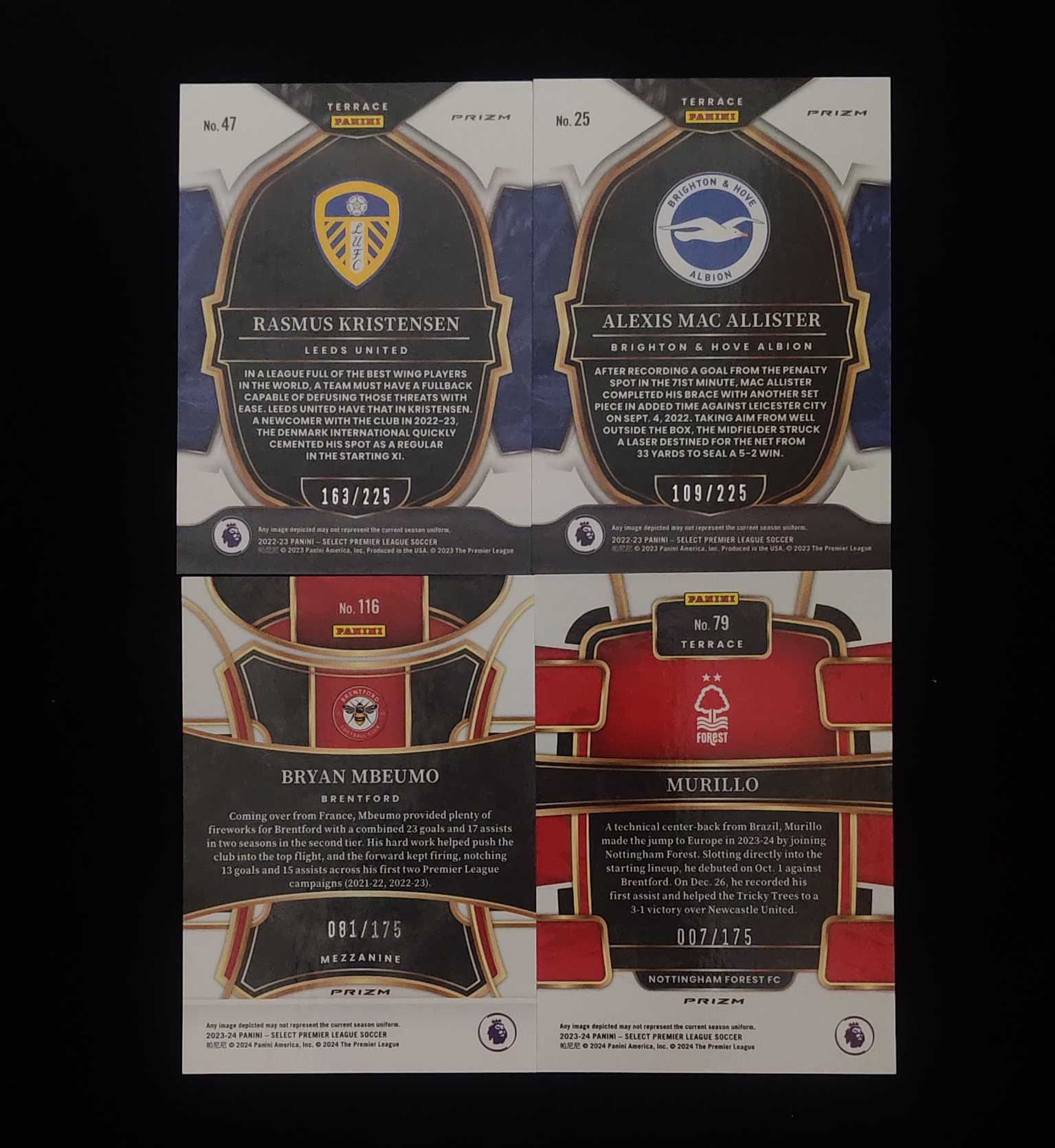 2022-23 Panini Select Alexis Mac Allister 布莱顿 225编 利兹联 克里斯滕森 225编 小蜜蜂 姆贝乌莫 175编 森林 穆里略 175编 4张 lot